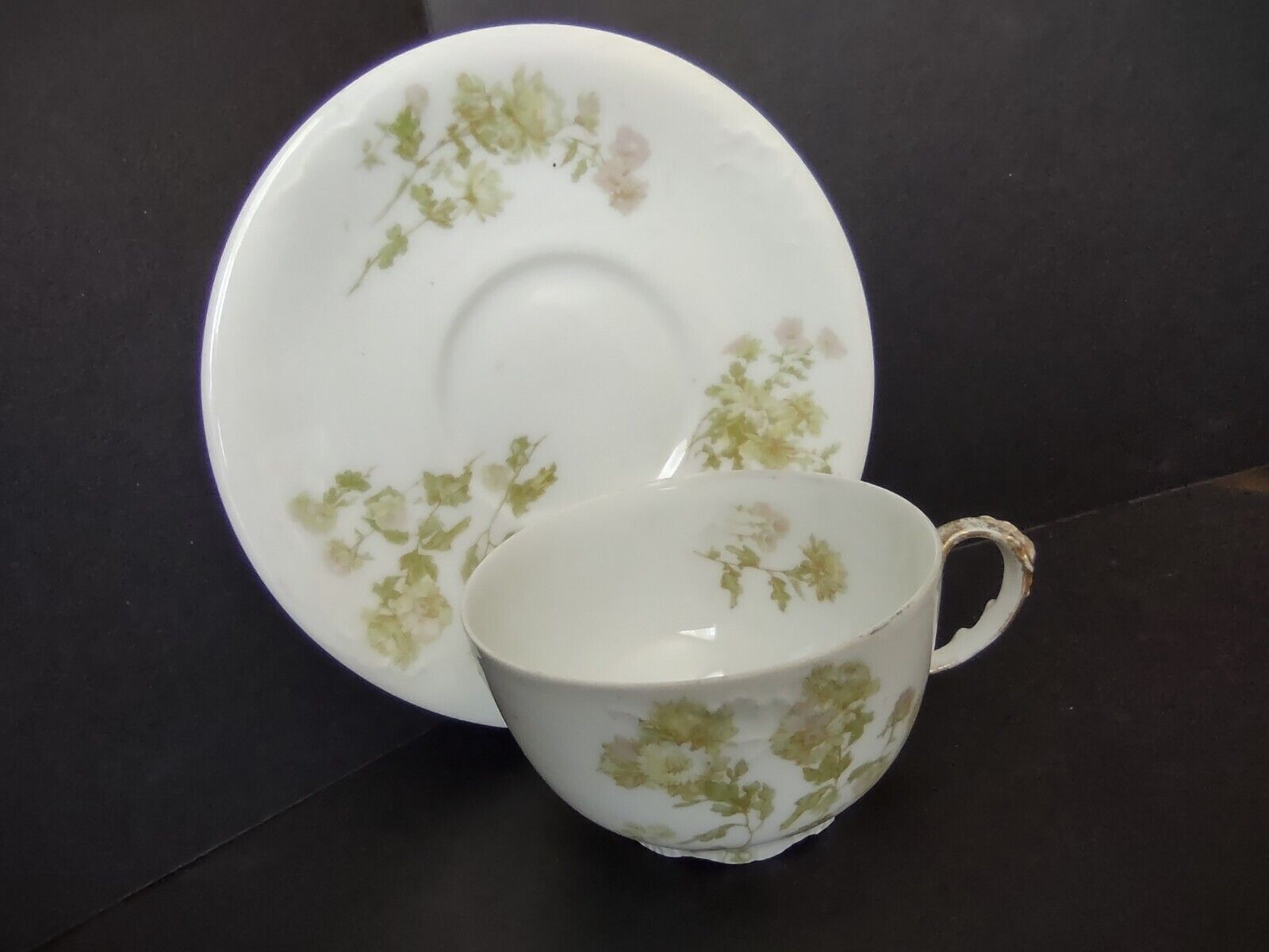 JP Limoges France Porcelain Teacup & Saucer Green Flower Gold Handle (lot 734)