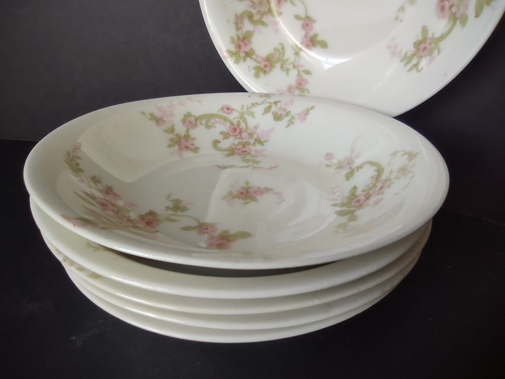 Haviland Limoges 6 x Small Bowl 5" Cranberry Pink Rose Green Ribbon (lot 892)