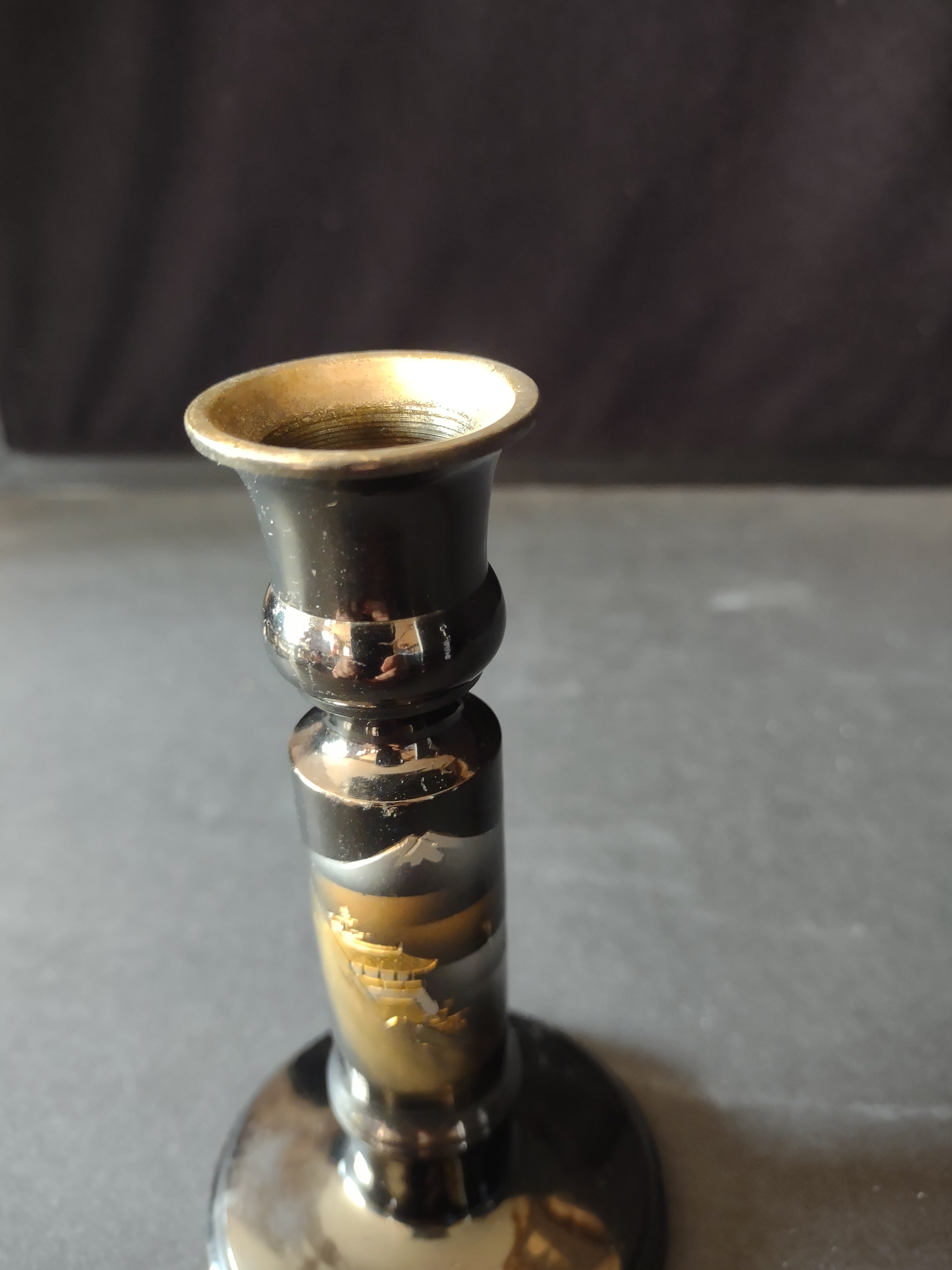 Vintage Japanese Etched Lacquered Metal Candlestick Gold Silver Pagoda (Lot 5317