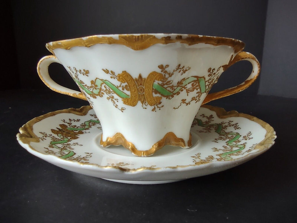 Haviland Limoges Green Heavy Gold Trim Bouillon Cup & Saucer IMPERFECT (lot 706)
