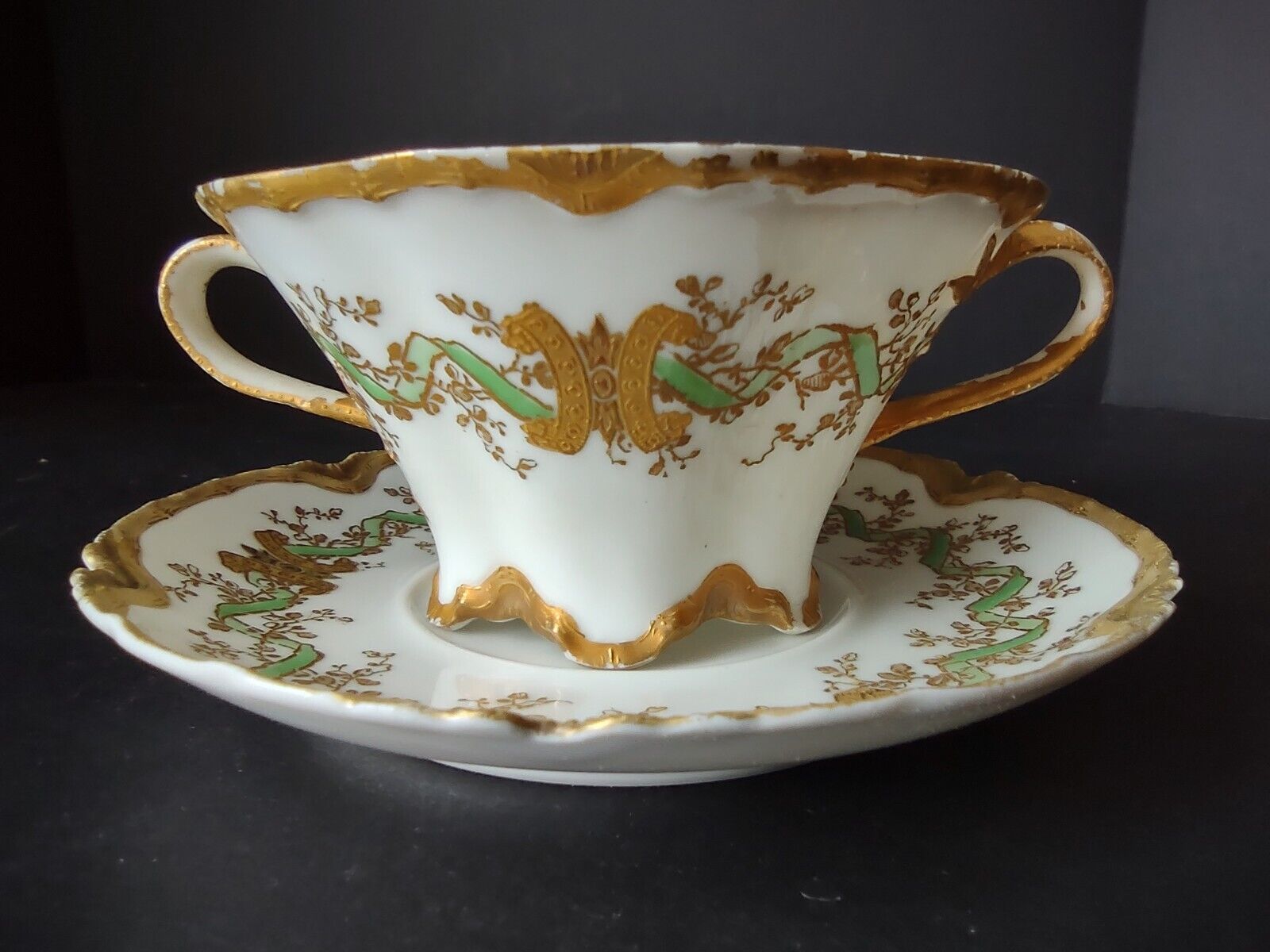 Haviland Limoges Green Heavy Gold Trim Bouillon Cup & Saucer IMPERFECT (lot 706)