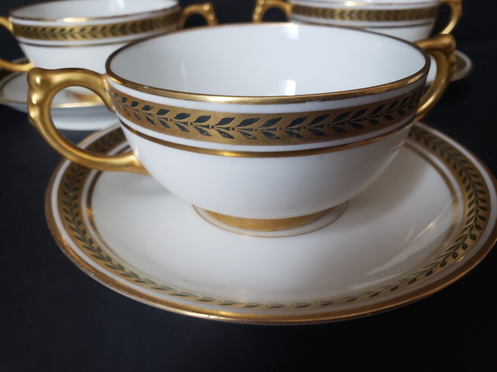 JP Limoges France Gold Trim Green Laurel 3 x Bouillion Cup & Saucer (lot 597)