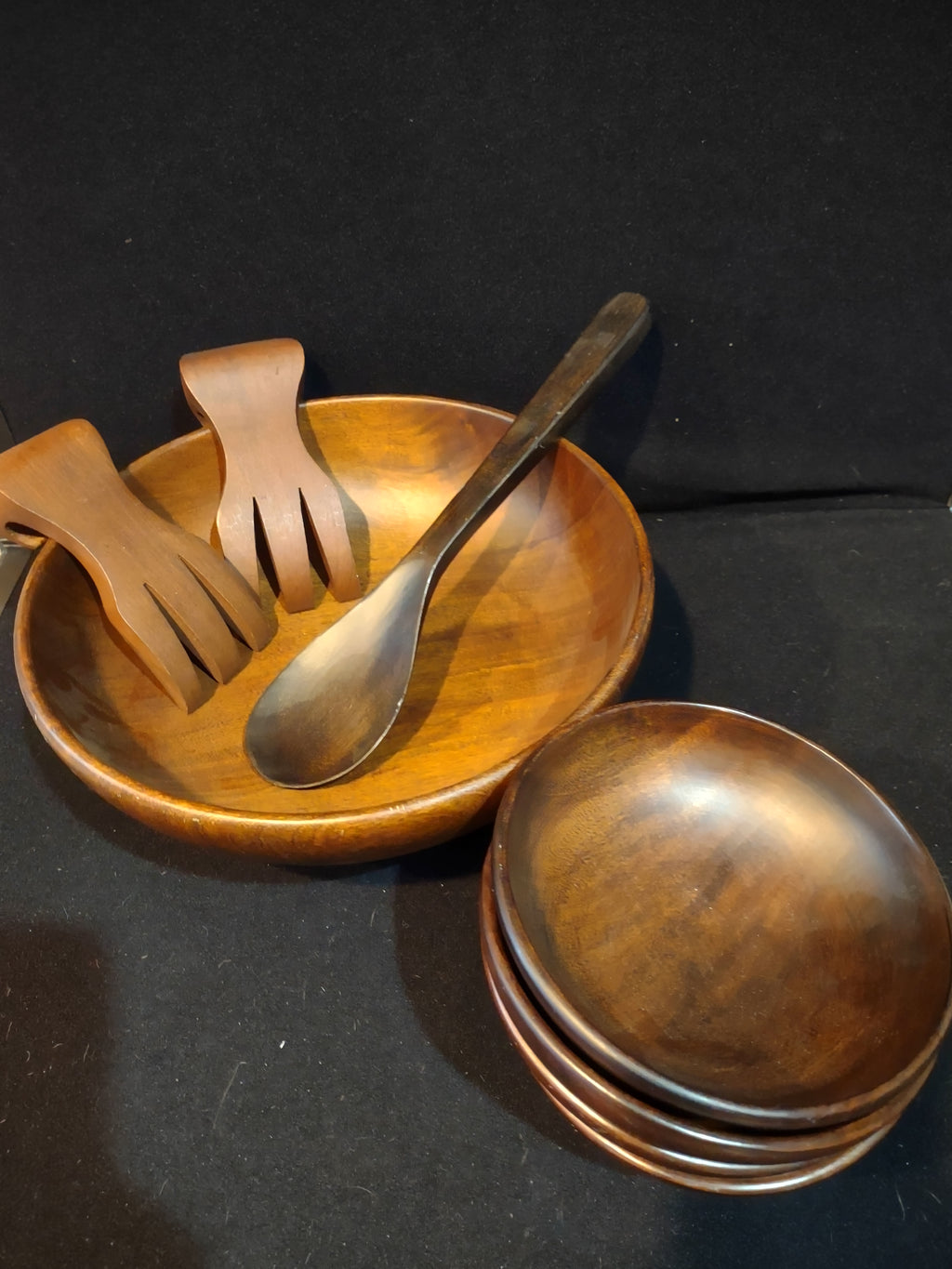 Vintage Wooden Large Salad Bowl 4 Small Bowls Serving Utensils (Lot 5231)