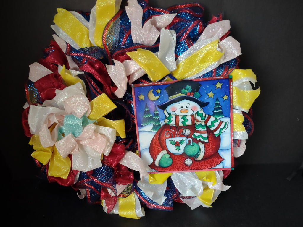 Handmade Christmas Wreath Red Blue White Sparkly Ribbon Snowman 20" (lot 1292)