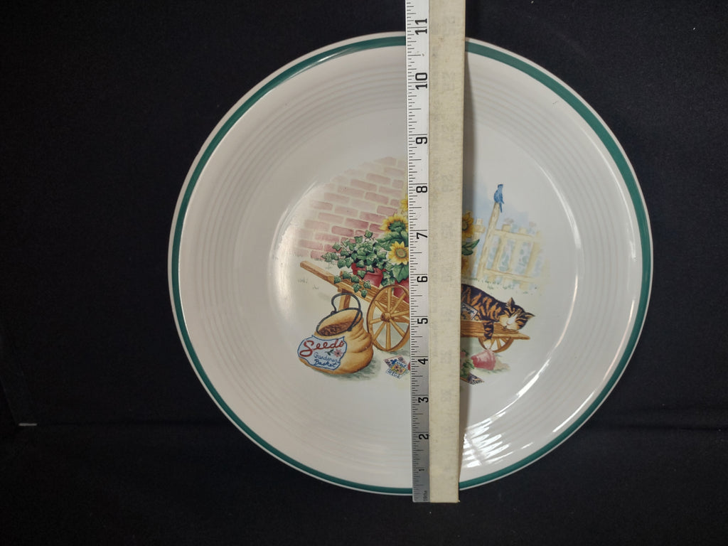 Cat Nap Country Green Band Dinner Plate x 4 Stoneware Thailand 11" (lot 2856c)
