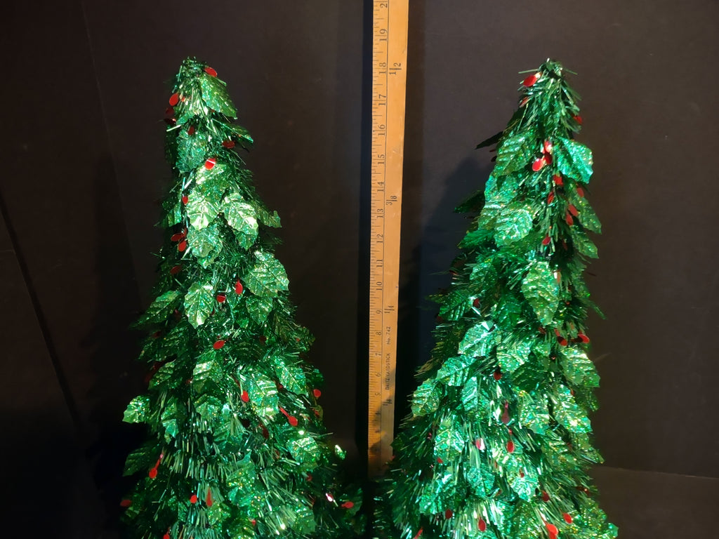 Set of 2 Christmas Tinsel Green Cone Tree Tabletop x 2 (lot 3182)
