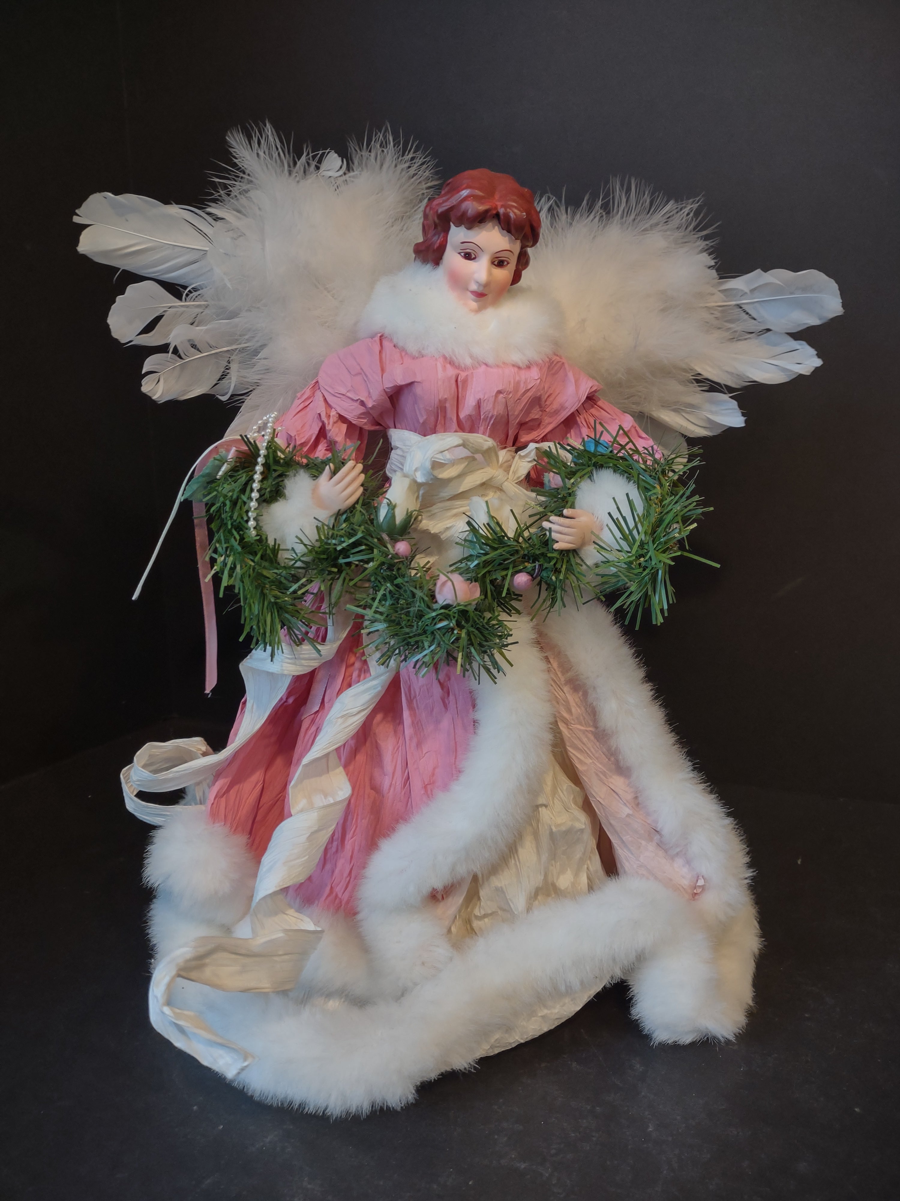 Christmas Angel Tree Topper Pink White 16" Feather Wings (lot 2455)