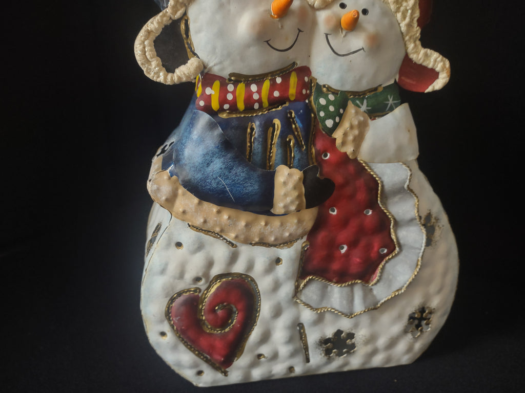 Christmas Holiday Candle Light Holder Snowman Hugging Metal 11" (lot 1714)