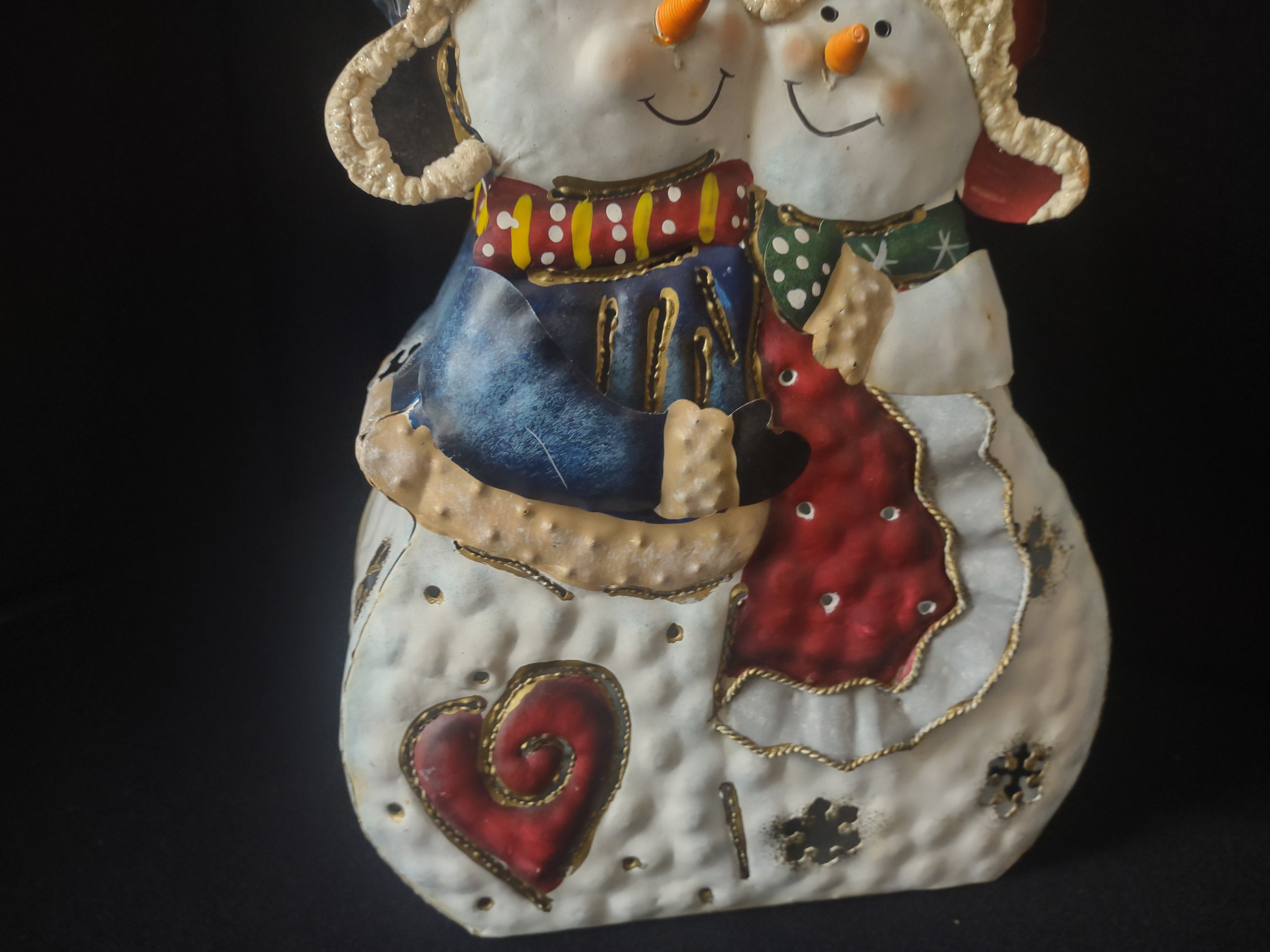 Christmas Holiday Candle Light Holder Snowman Hugging Metal 11" (lot 1714)