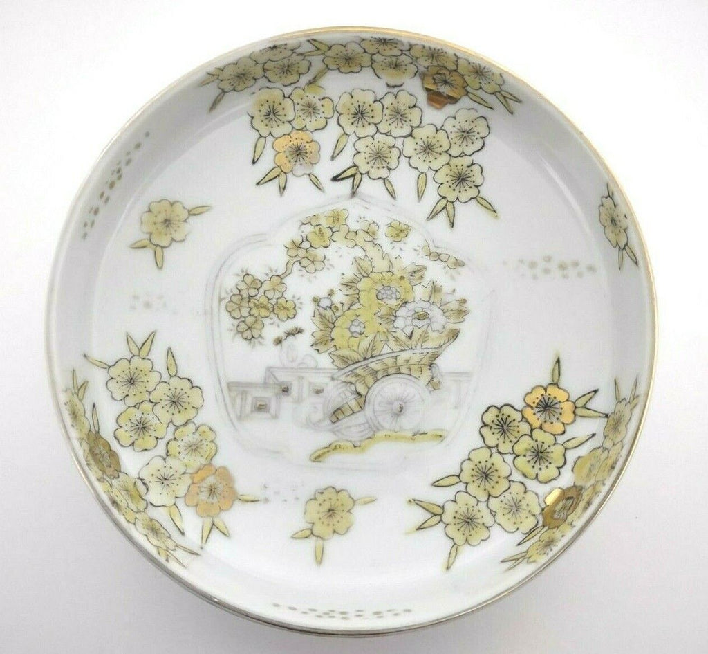 Vintage Gold Imari Hand Painted Trinket Dish Gold Yellow Flower Round Tray 001