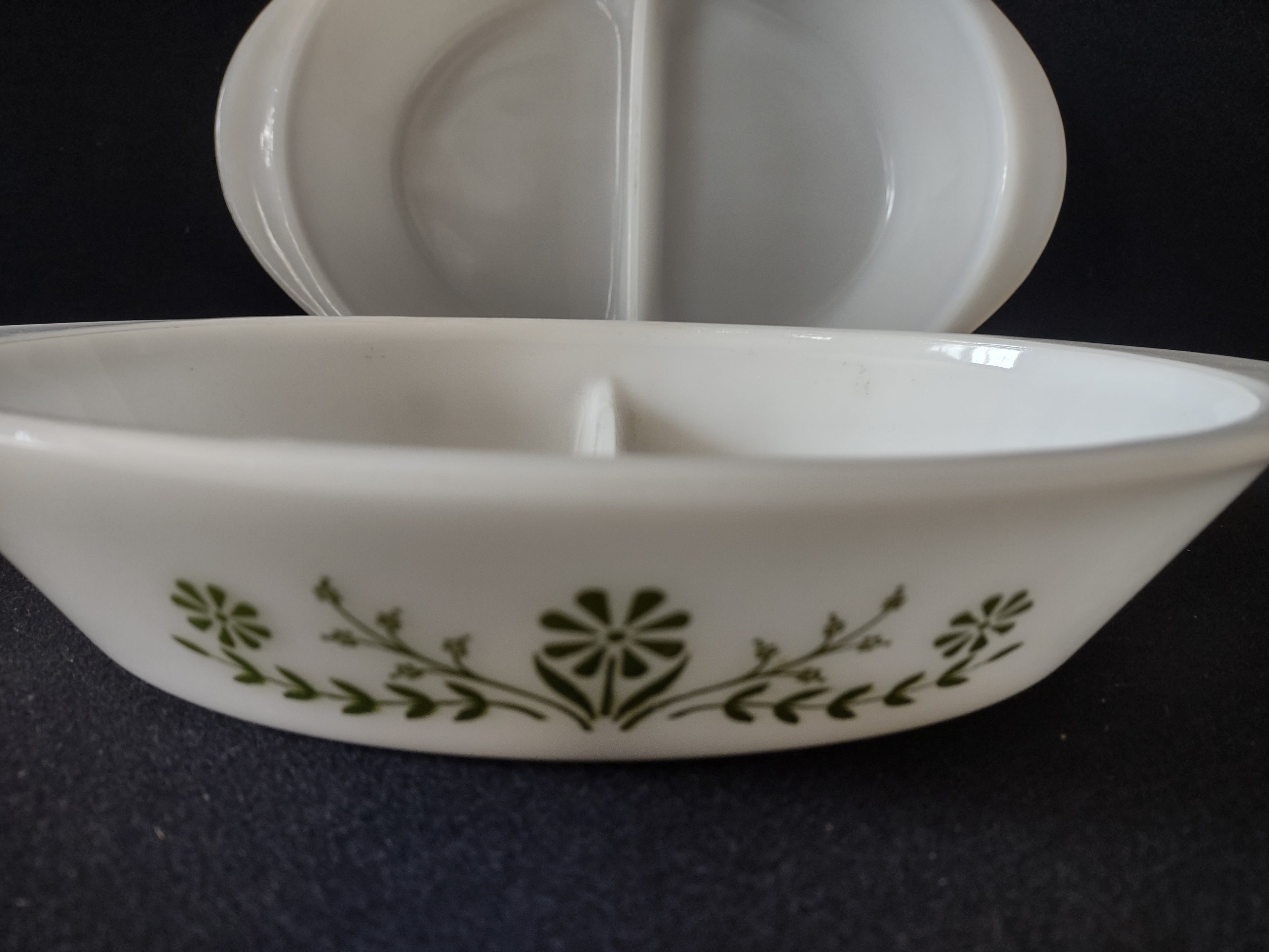 Vintage Glasbake Oval Divided Milk Glass Casserole Green Daisy (lot 5280)