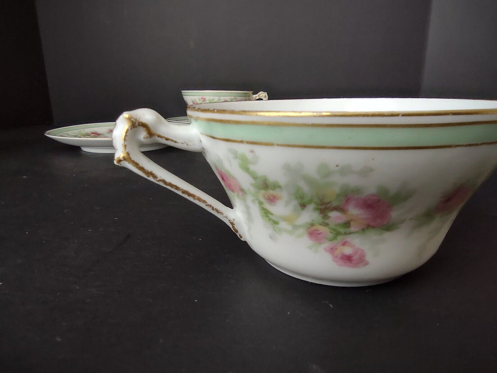 Coronet Limoges France 3 x Tea Cup Mint Band Gold Trim Pink Rose (lot 548)