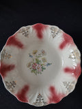 Vintage 9.5" Serving Bowl Scalloped Edge Gold Maroon Trim Floral (Lot 5045)