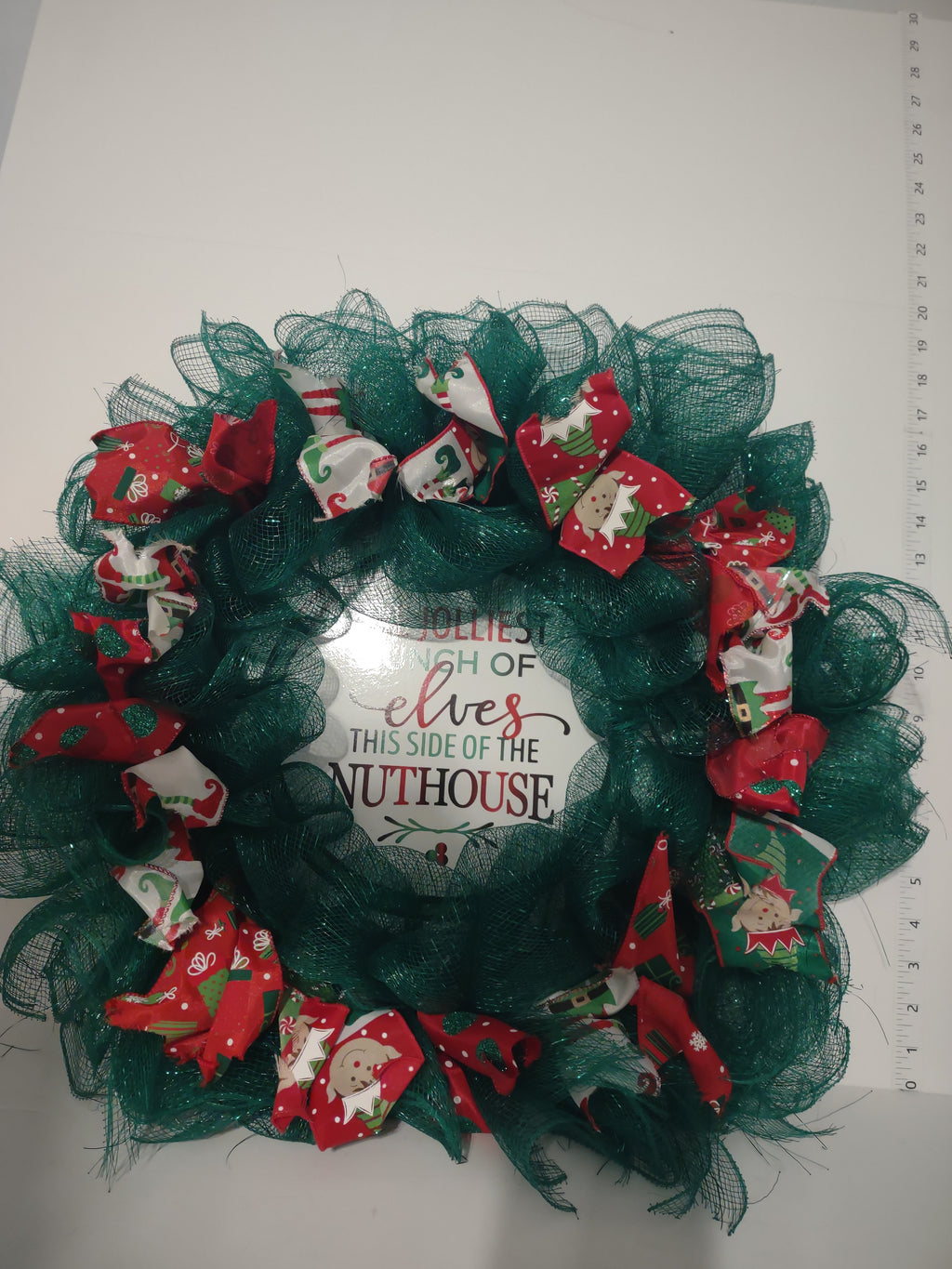Handmade Christmas Wreath Green Red Ribbon Elf Elves Nuthouse 20" (lot 1293)
