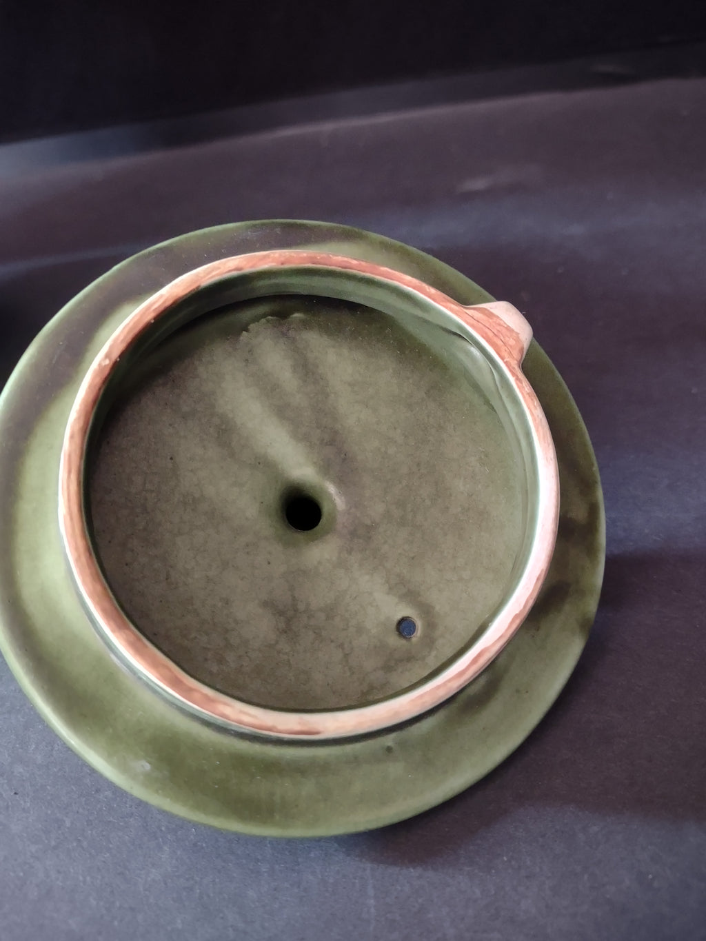 Vintage Stoneware Green Teapot Lily Pad Bamboo Handle (Lot 5319)