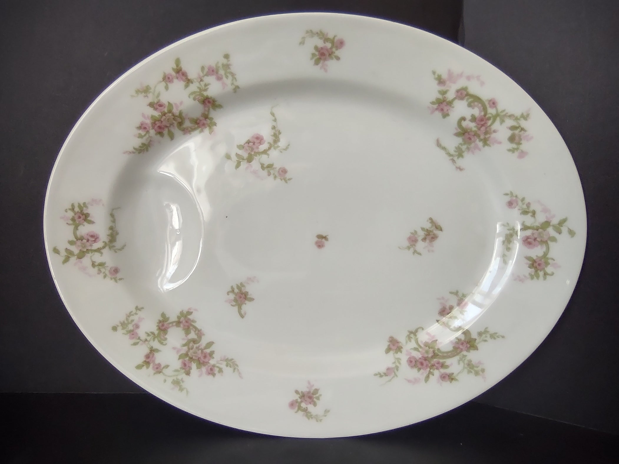 Haviland Limoges Oval Serving Platter 13-1/2" Pink Rose Green Ribbon (lot 888)