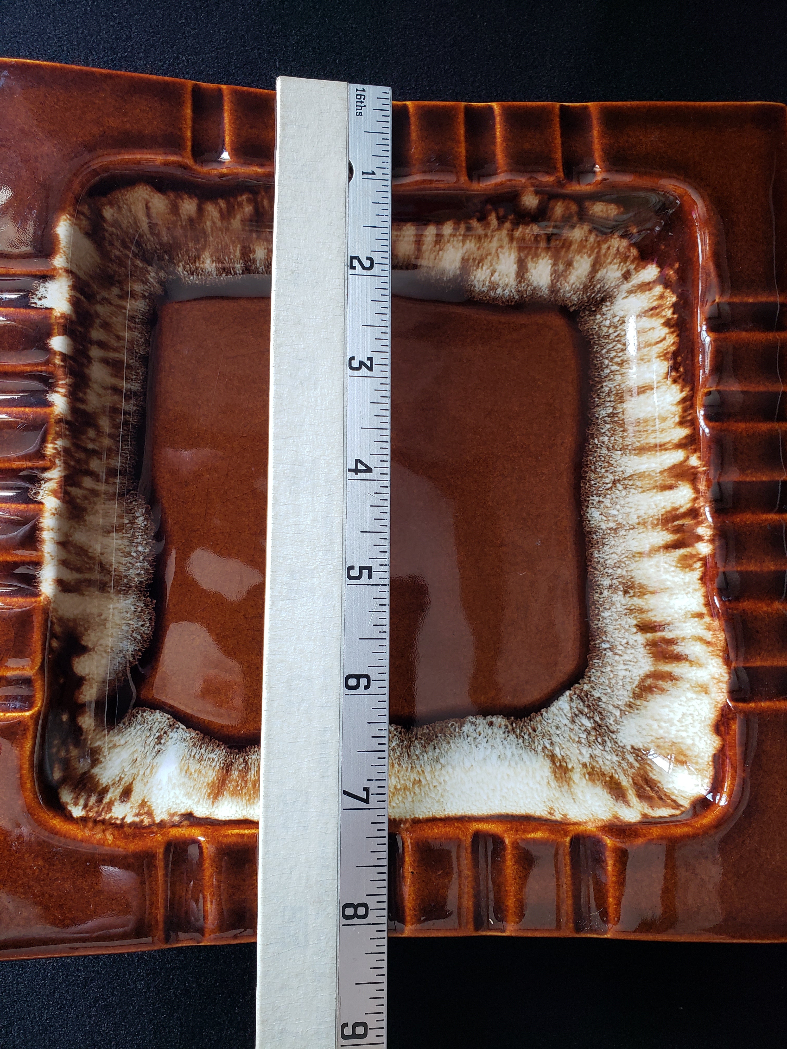 Pfaltzgraff USA Brown Drip Glaze Vintage Cigar Ashtray 8" Square (lot 2147d)