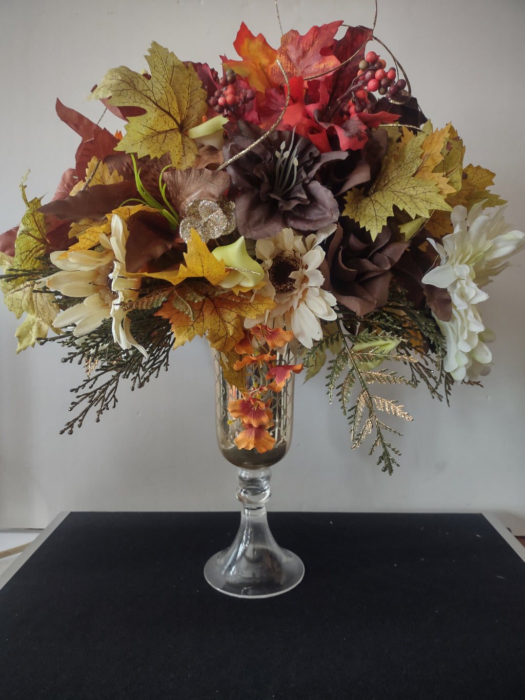 Thanksgiving/Fall Artificial Flower Centerpiece Hurricane Shaped Vase(Lot 3369)