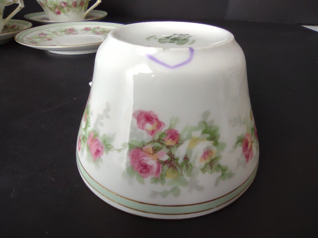 Coronet Limoges France 3 x Tea Cup Mint Band Gold Trim Pink Rose (lot 548)