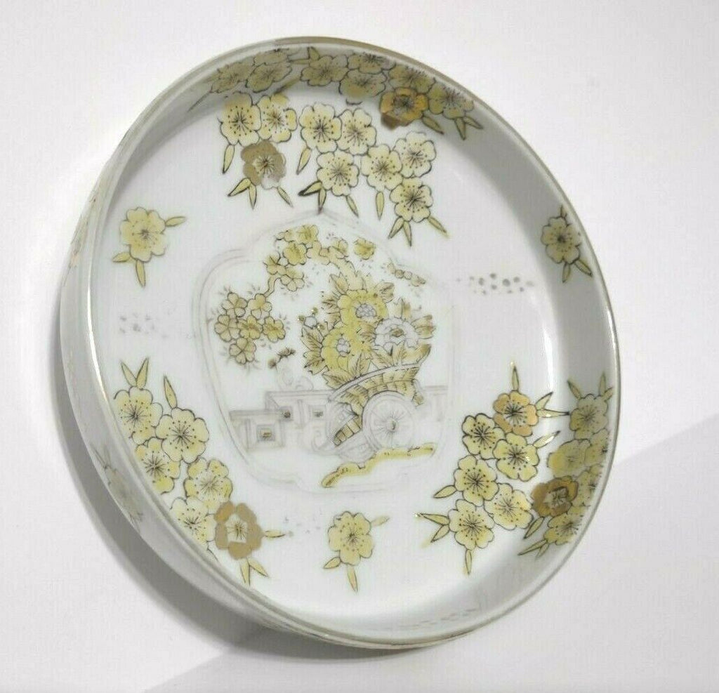 Vintage Gold Imari Hand Painted Trinket Dish Gold Yellow Flower Round Tray 001