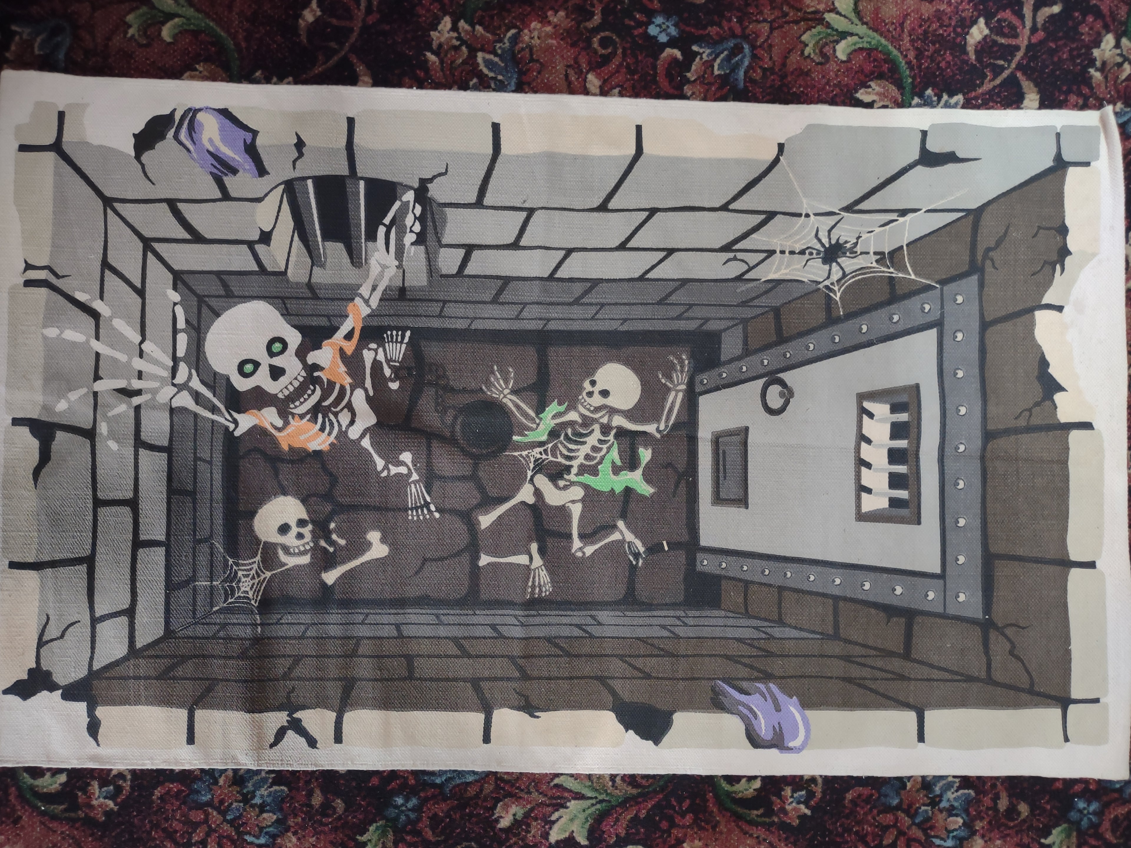 Halloween Accent Rug Skull Skeletons out of Dungeon 60"x36" India (lot 2970j)