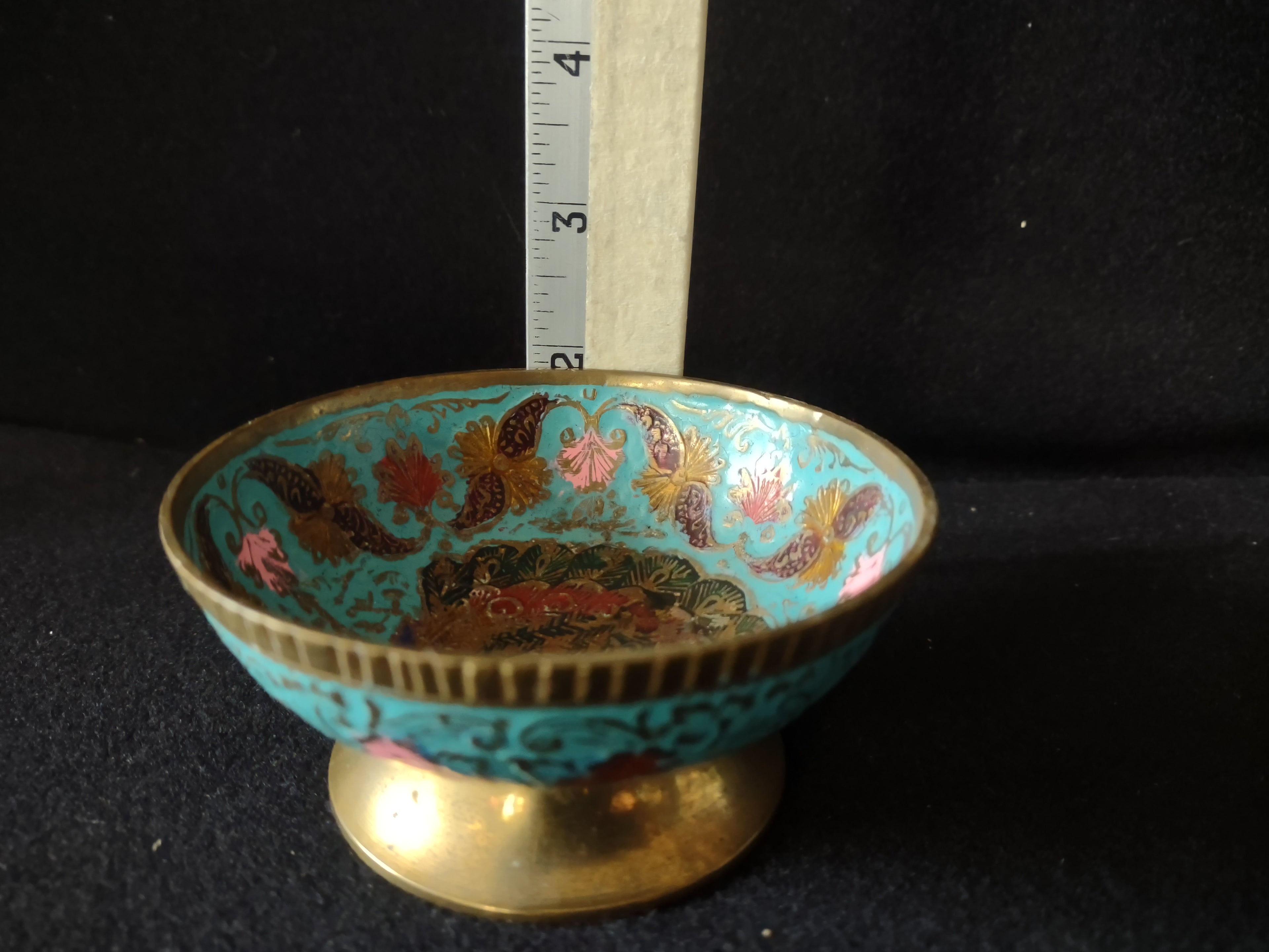 Vintage Metal Enameled Small Footed Bowl Peacock IMPERFECT (lot 5281)