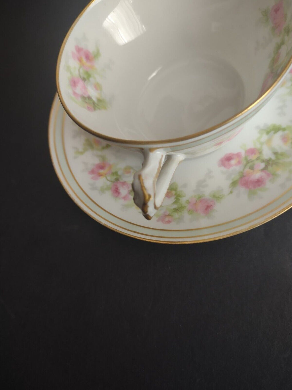 Old Abbey Limoges France 2 x Bouillion Cup Mint band Gold Trim Rose (lot 547)