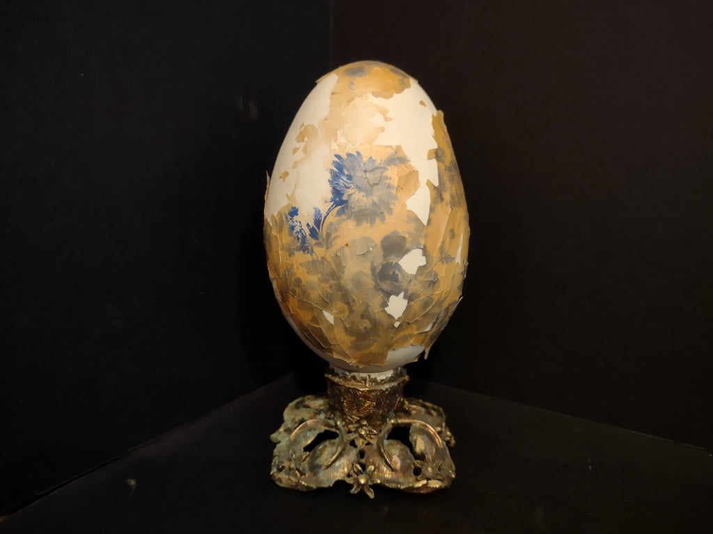 Vintage 4" Easter Egg on Metal Foot Blue Flower Design (lot 5343)