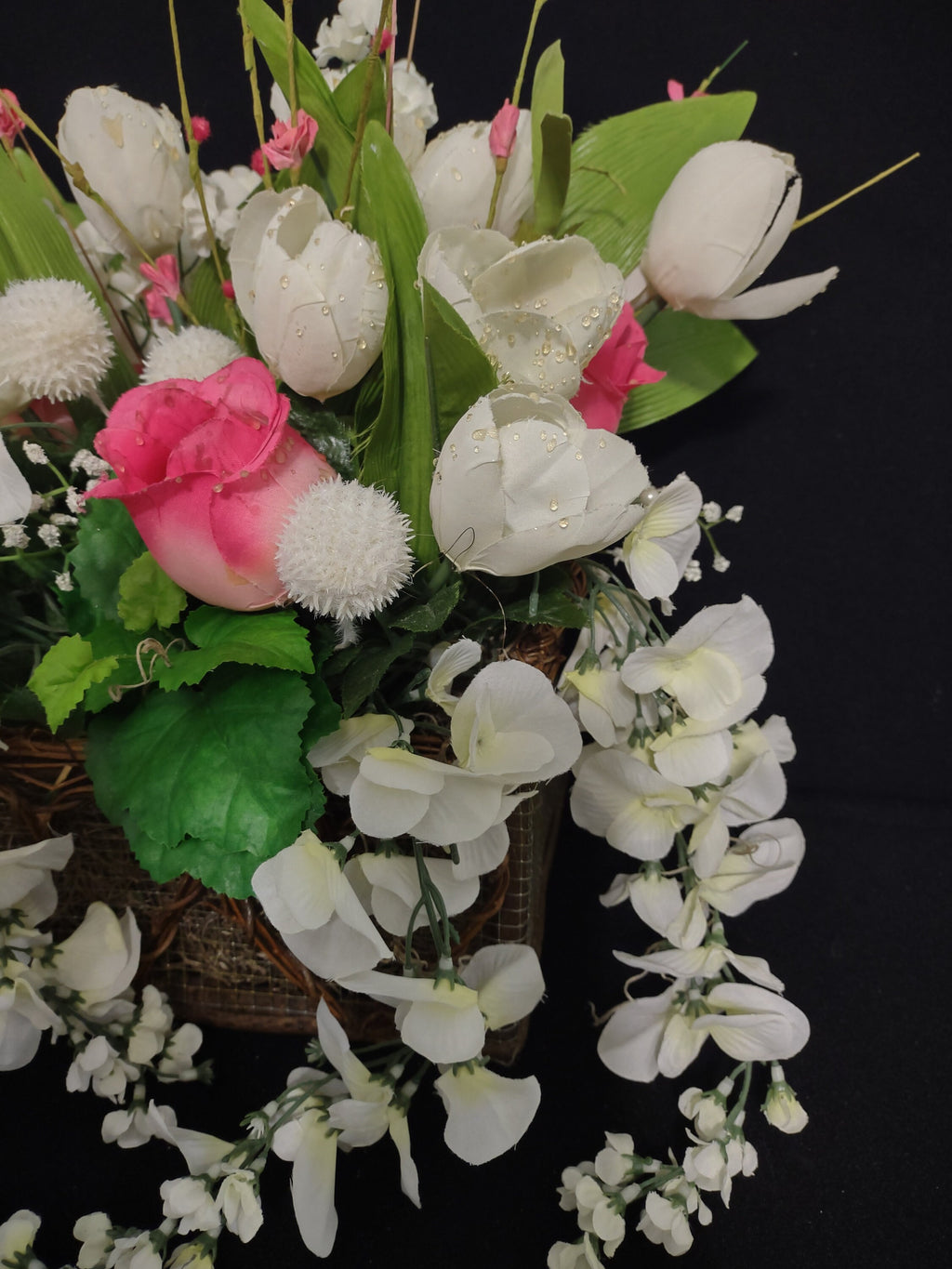 Basket Artificial Flowers Pink White Rose Centerpiece Mothers Day (lot 2661)