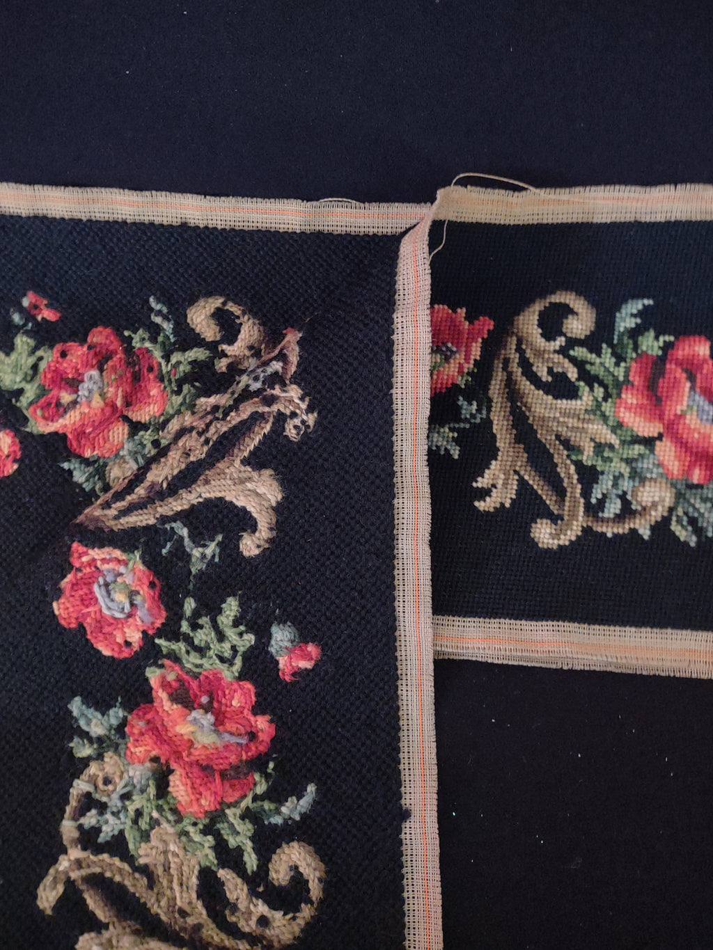 Handsewn Needlepoint Panel Floral Design Black Red Poppies 62 X 9" (Lot 4509)