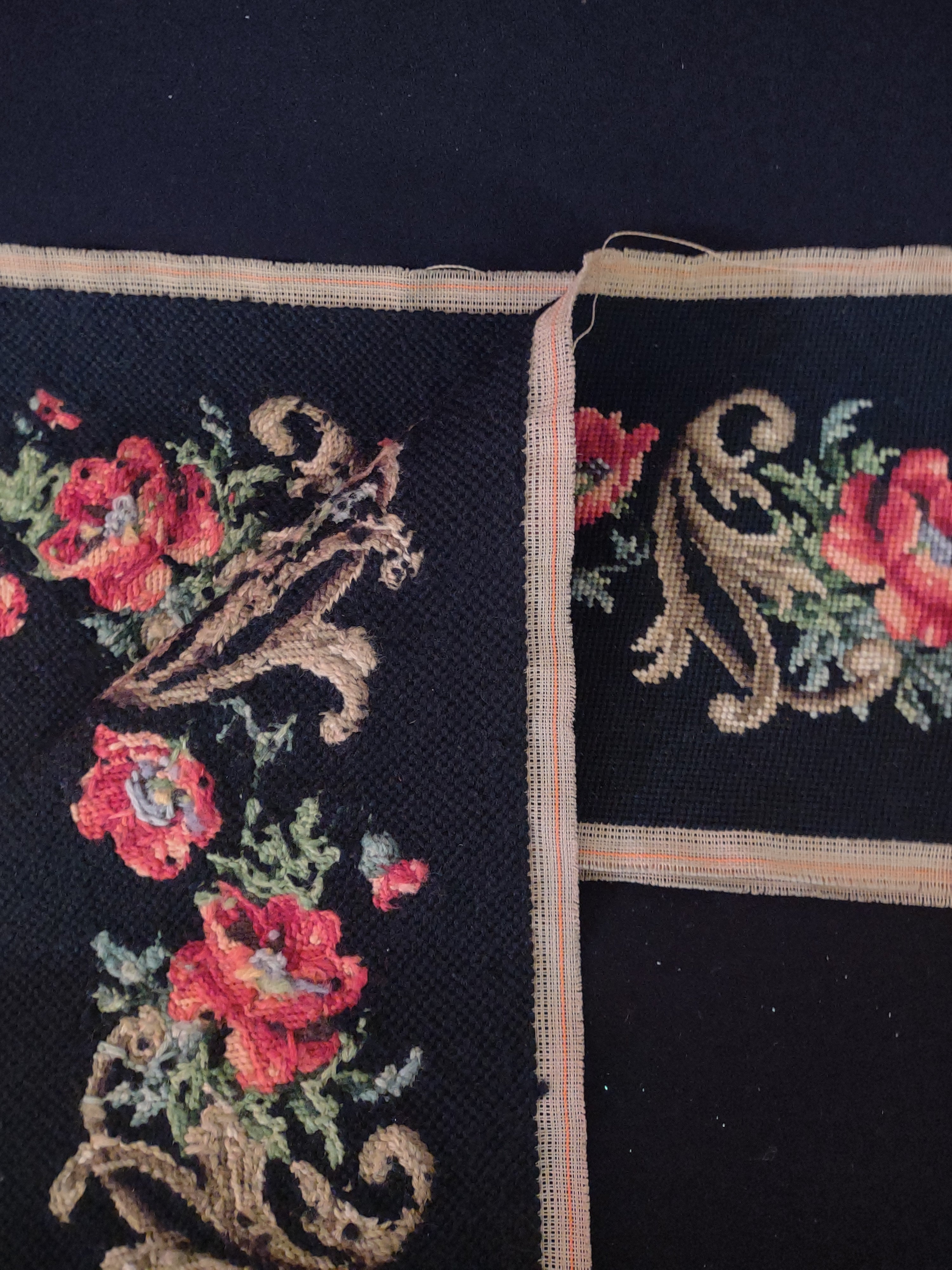 Handsewn Needlepoint Panel Floral Design Black Red Poppies 62 X 9" (Lot 4509)