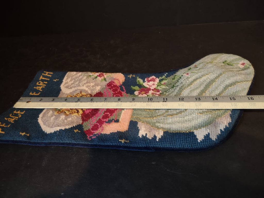 Vintage Wool Needlepoint Peace on Earth Angel Christmas Stocking 16" (lot 3372)