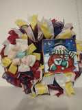 Handmade Christmas Wreath Red Blue White Sparkly Ribbon Snowman 20" (lot 1292)