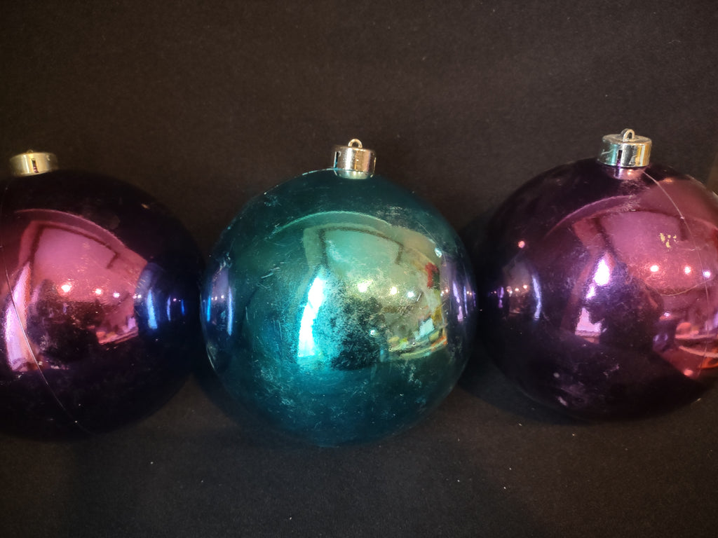 Set of 4 Christmas Ornaments Ball Blue Purple 6" IMPERFECT (lot 1572)