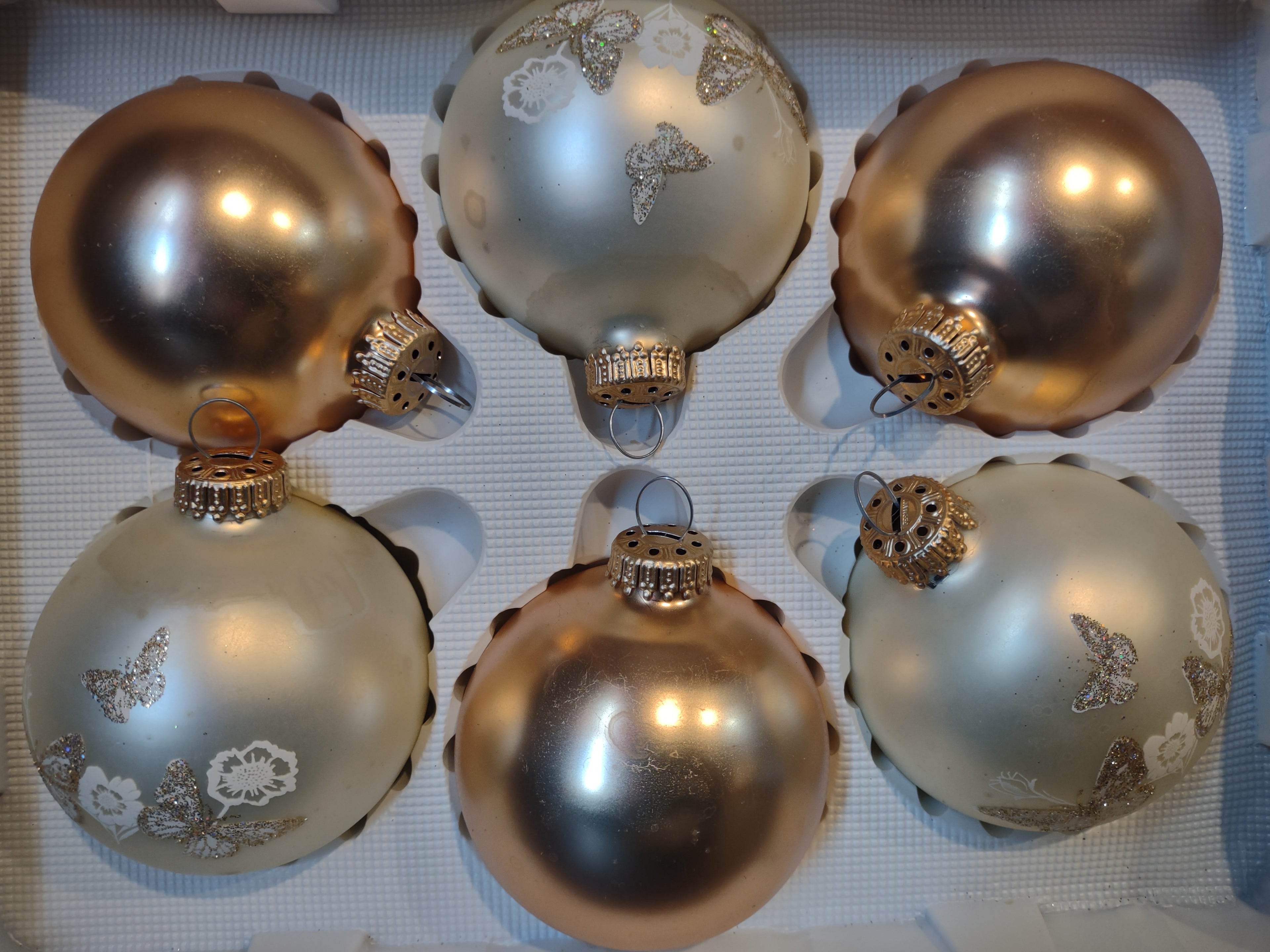 Vintage Christmas Set 6 Glass Ornaments Krebs 3" Butterfly Golden (lot 1434)