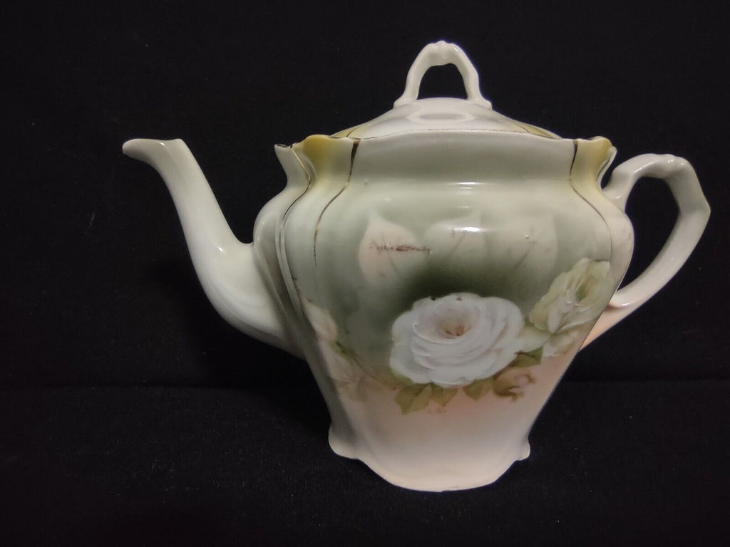 Vintage Bavaria Teapot Creamer Sugar Dish White Rose Gold Trim (lot 240)