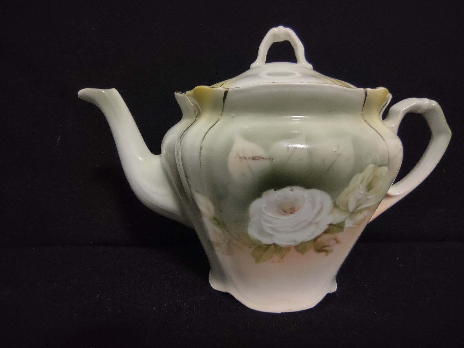 Vintage Bavaria Teapot Creamer Sugar Dish White Rose Gold Trim (lot 240)