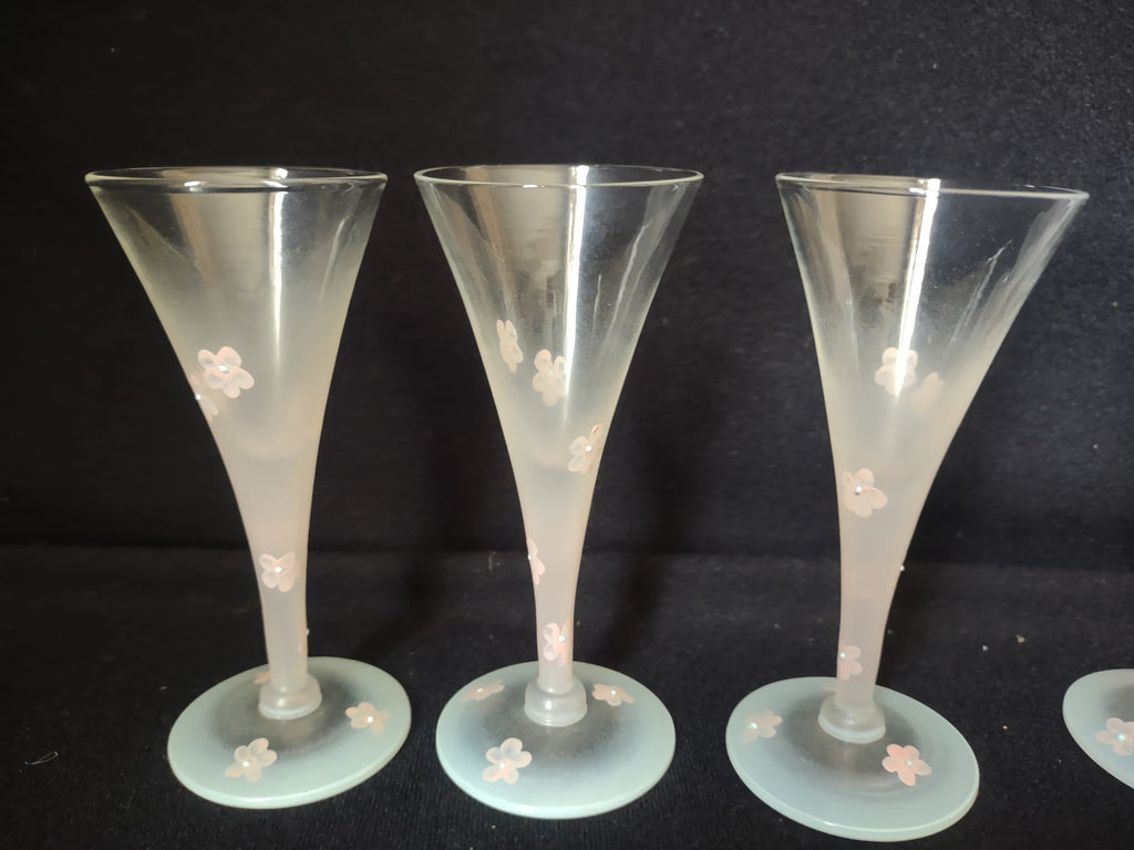 Set 6 Frosted Mini Small Martini Pink Flowers Hand Painted Vintage MCM (lot 2742