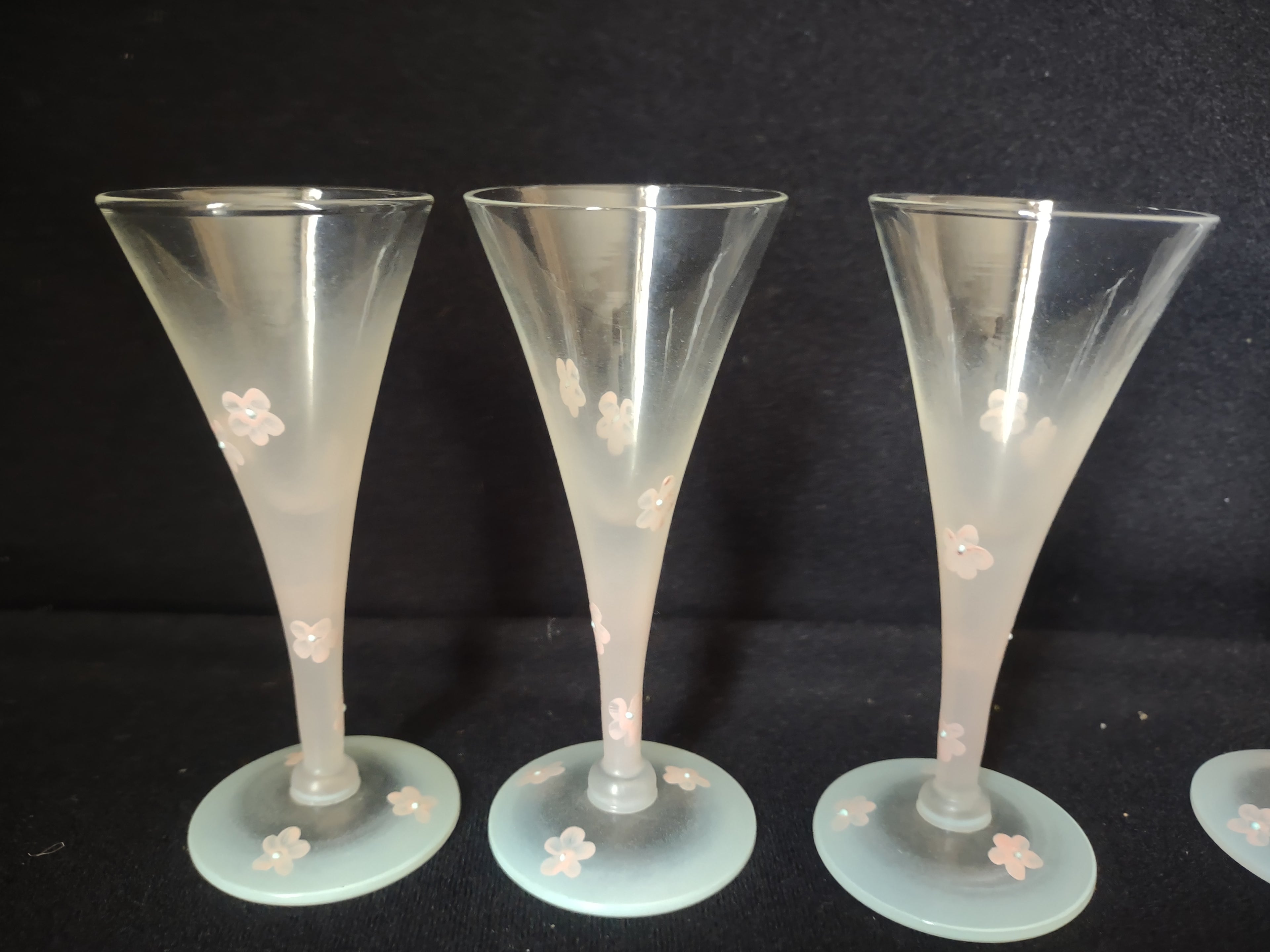 Set 6 Frosted Mini Small Martini Pink Flowers Hand Painted Vintage MCM (lot 2742