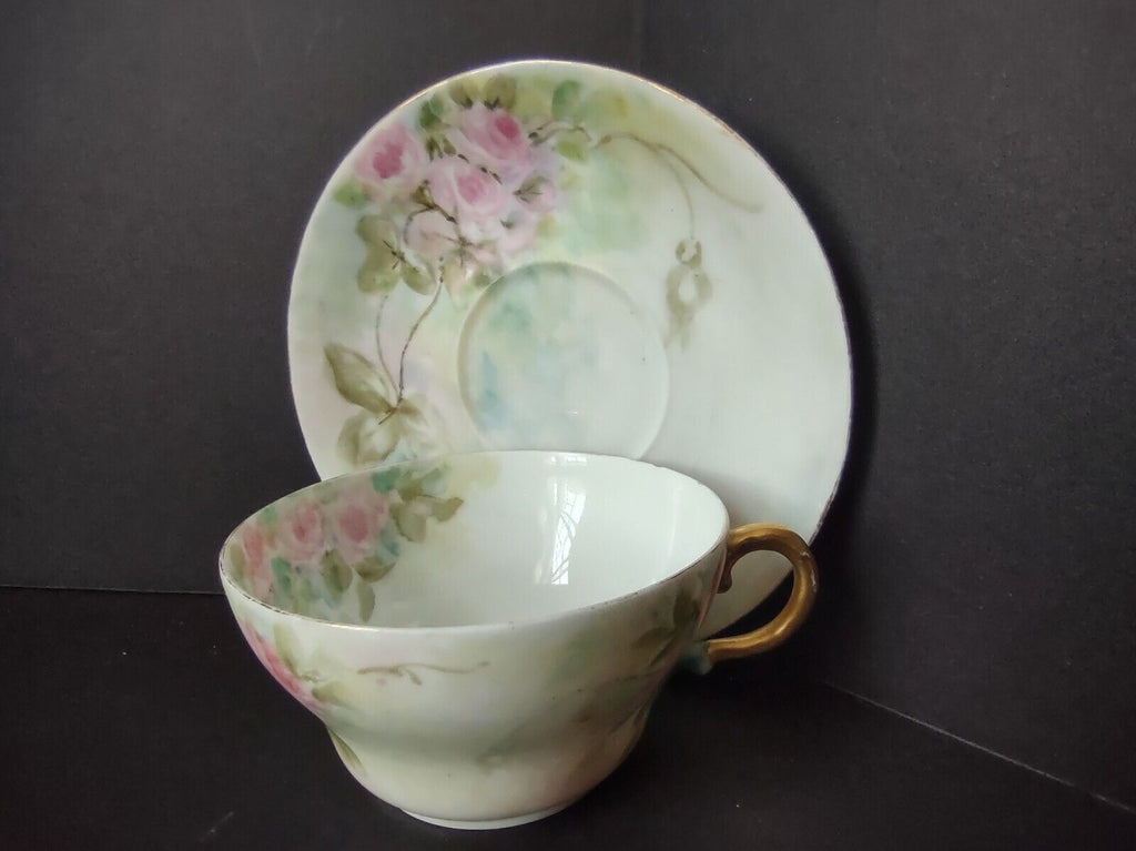 Haviland Limoges Gold Trim Pink Roses Teacup and Saucer IMPERFECT (lot 703)