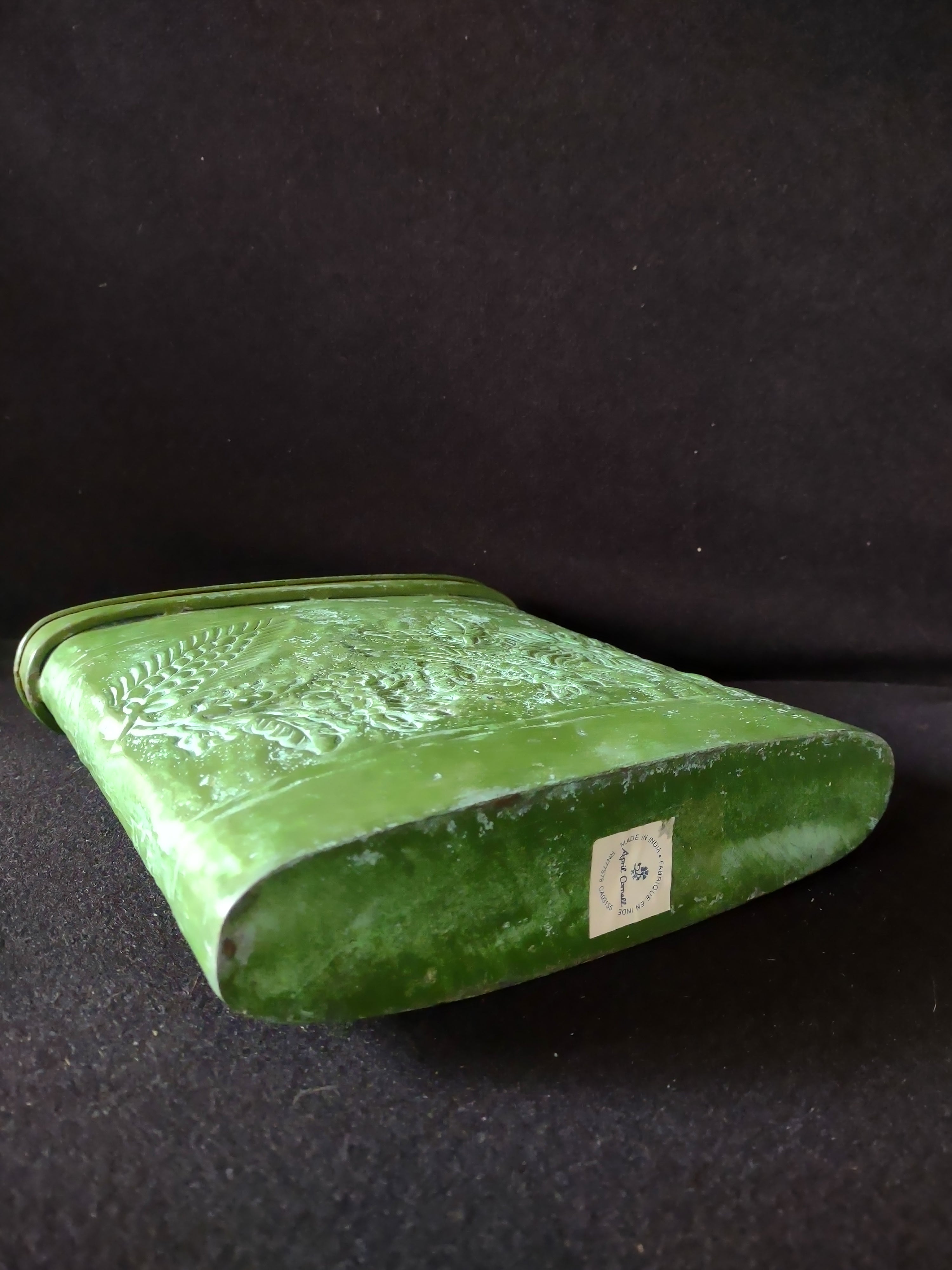 Vintage Rectangular Metal Planter Green Finish Embossed Floral India (Lot 5335)