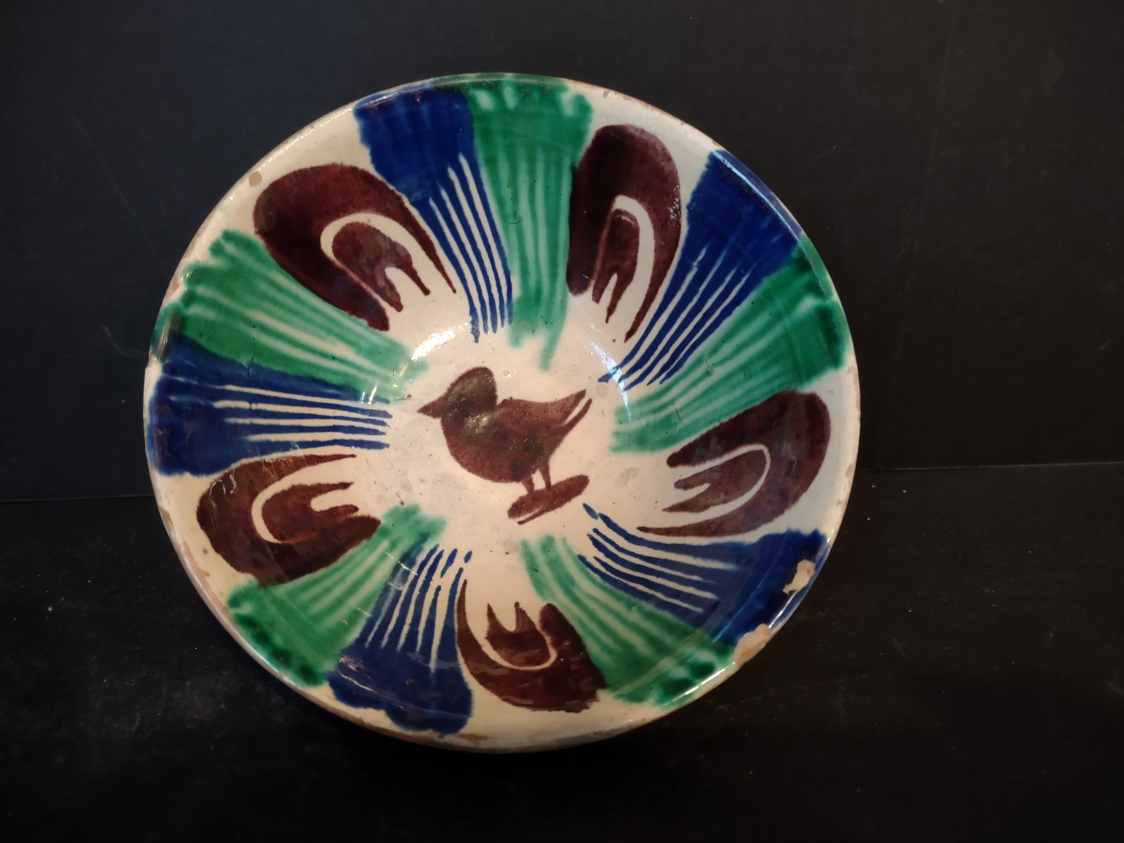 Vintage Stoneware Mexico Small Bowl Green Cobalt Blue Green Bird (lot 5341)