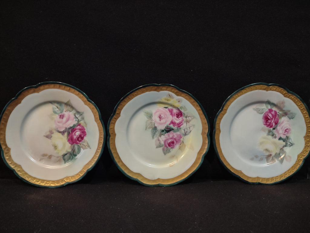Vintage German Carmen Porcelain Plate Pink Roses Gilded Gold Rim X 3 (Lot 5350)