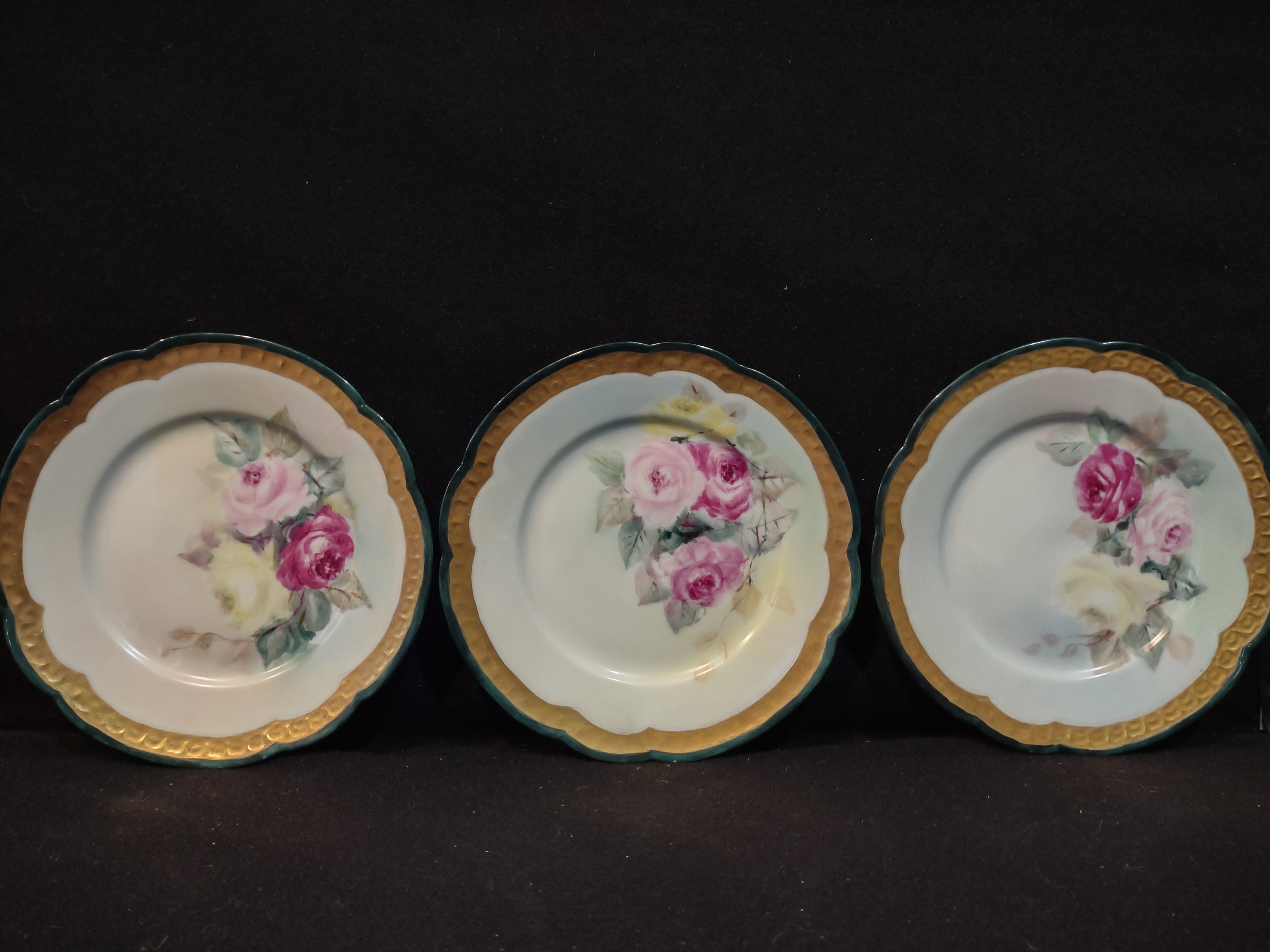 Vintage German Carmen Porcelain Plate Pink Roses Gilded Gold Rim X 3 (Lot 5350)