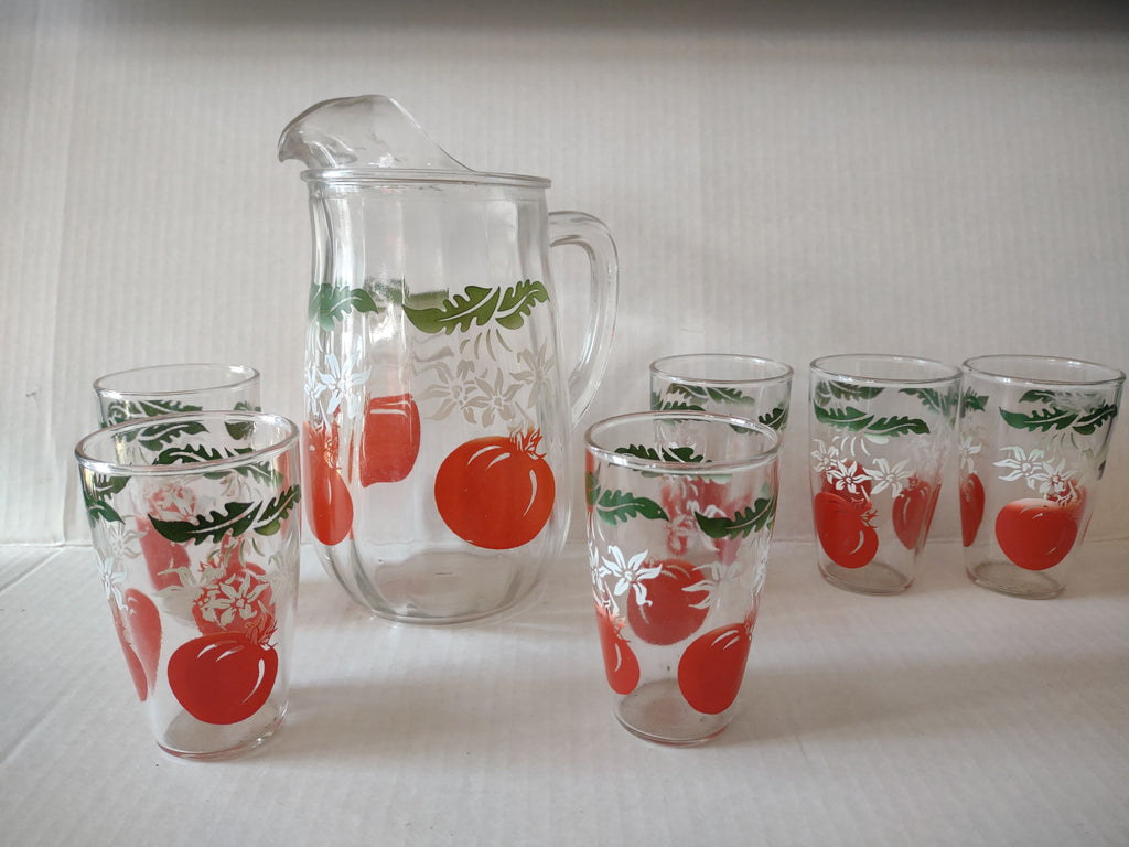 Vintage MCM Bartlett Collins Tomato Pitcher Drinking Glass x 6 (lot 5168)