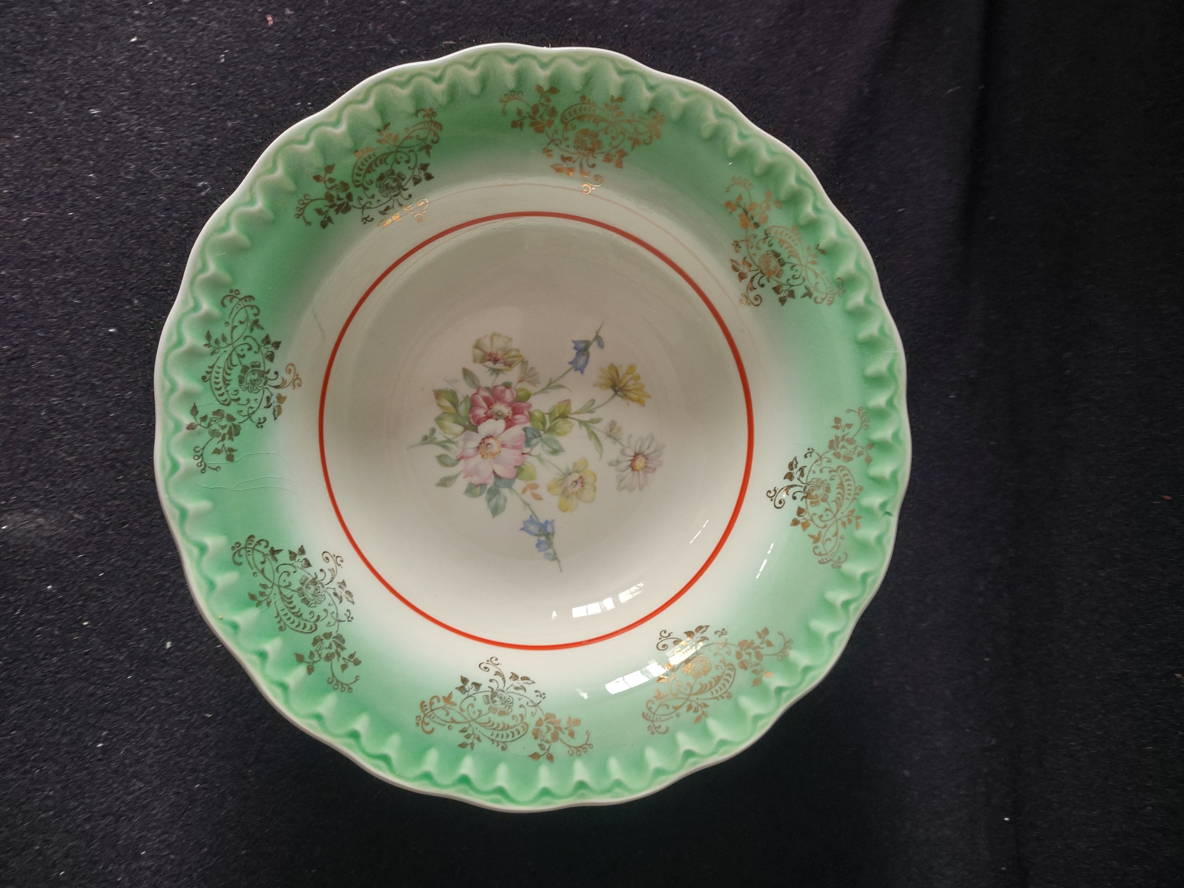Vintage 9.5" Serving Bowl x 3 Green Yellow Blue Gold Trim Floral (Lot 5043)