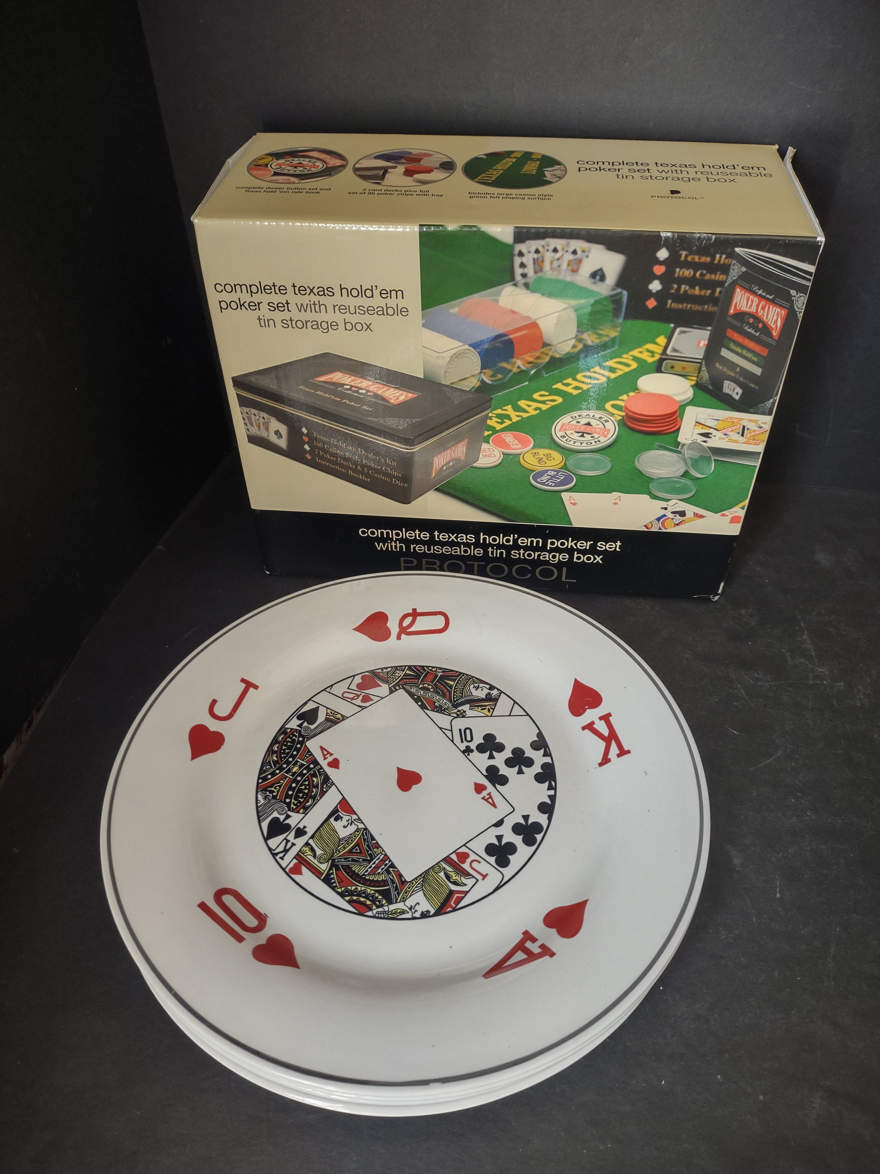 Party Set Complete Texas Hold'em Poker Set + Dinner Plate Ase x 4 (lot 3028t)