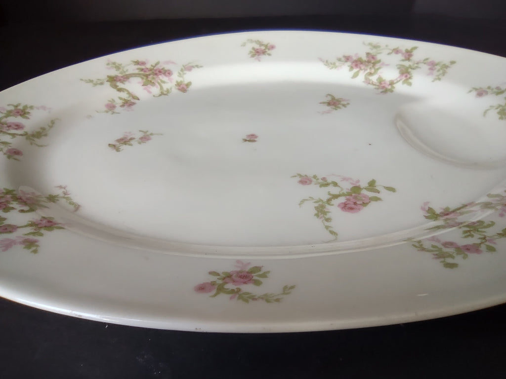 Haviland Limoges Oval Serving Platter 13-1/2" Pink Rose Green Ribbon (lot 888)