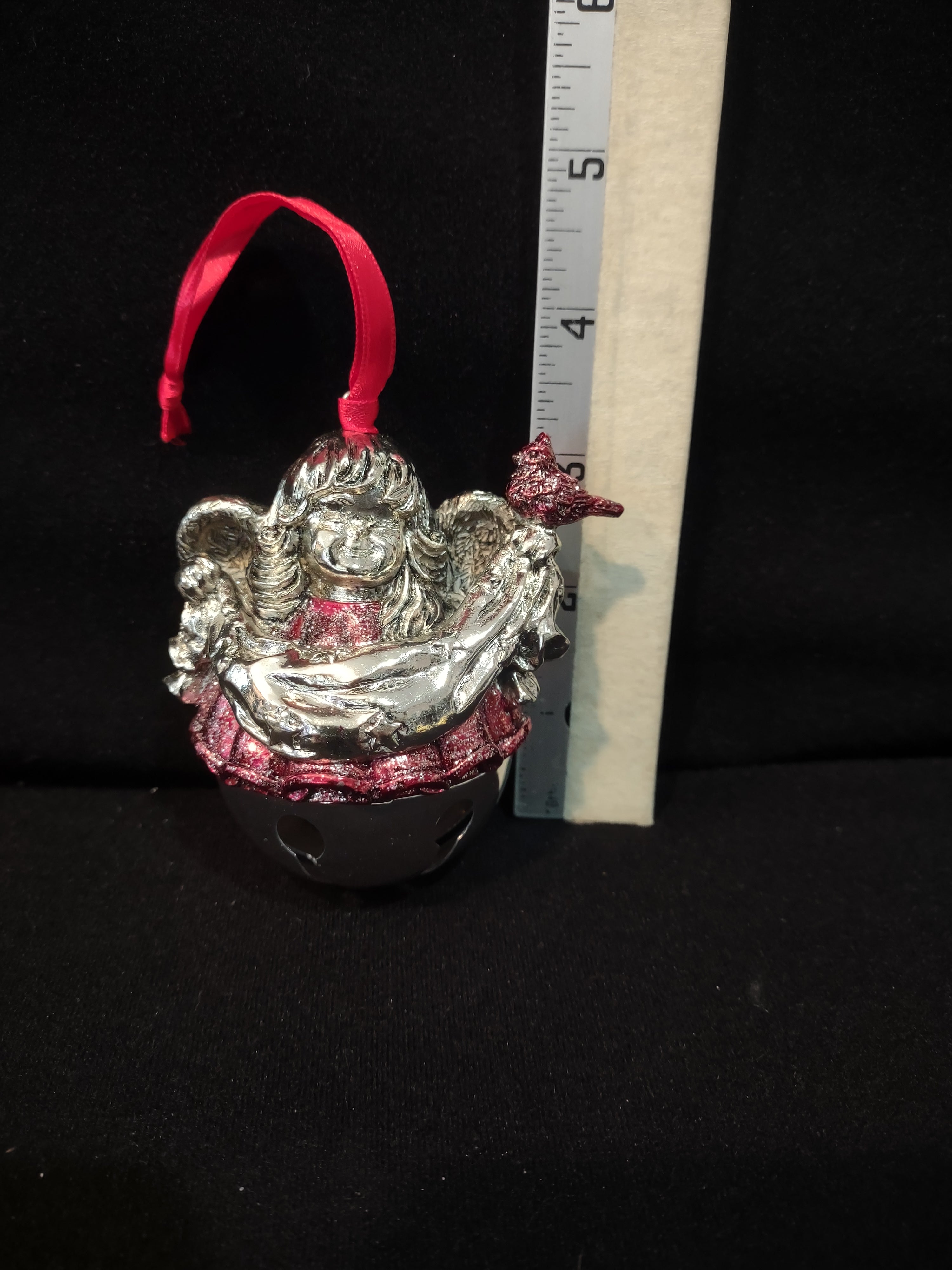 Christmas Silver Plated Angel Bell Ornament Red Robe Cardinal (Lot 4093)