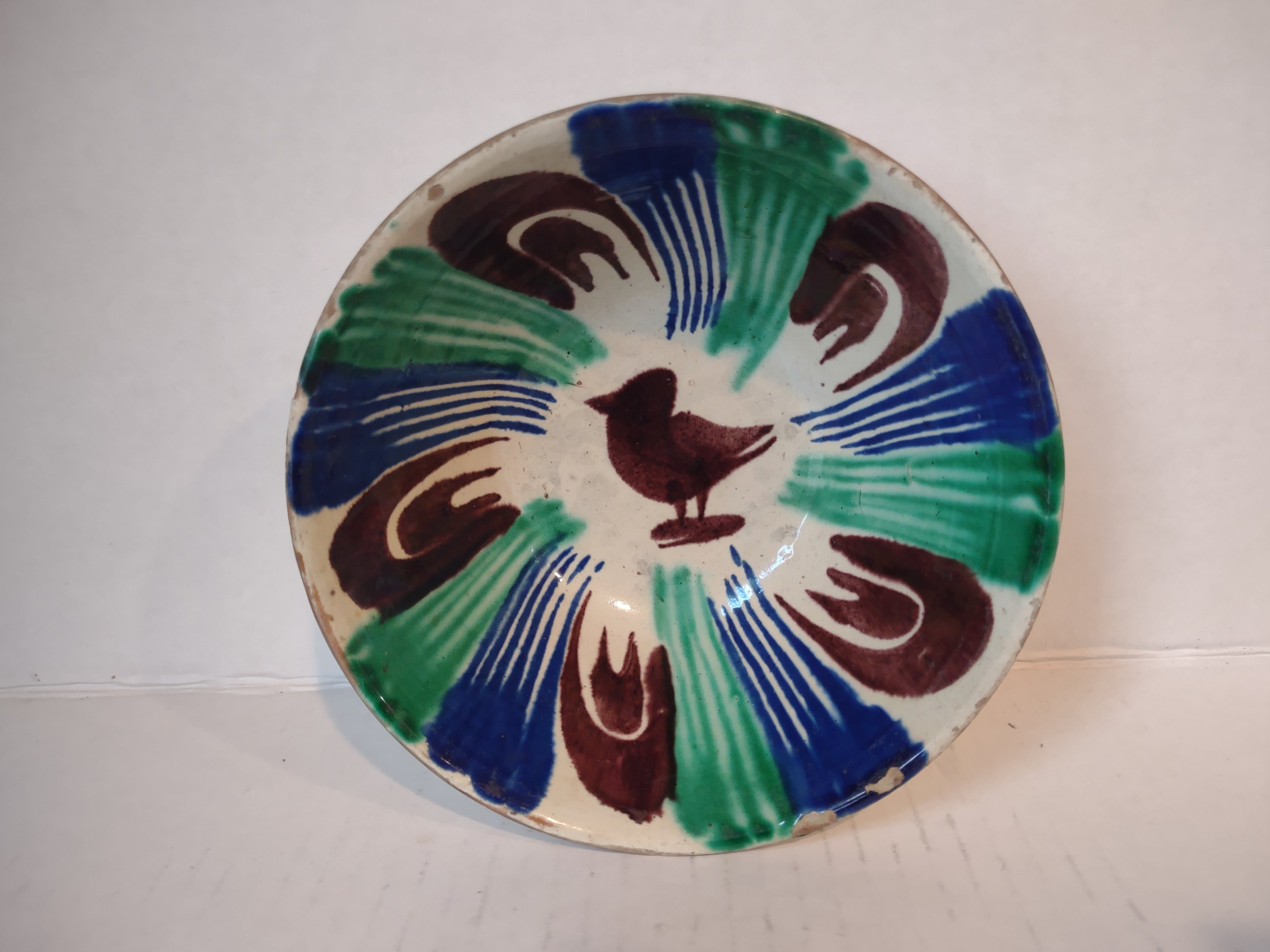 Vintage Stoneware Mexico Small Bowl Green Cobalt Blue Green Bird (lot 5341)